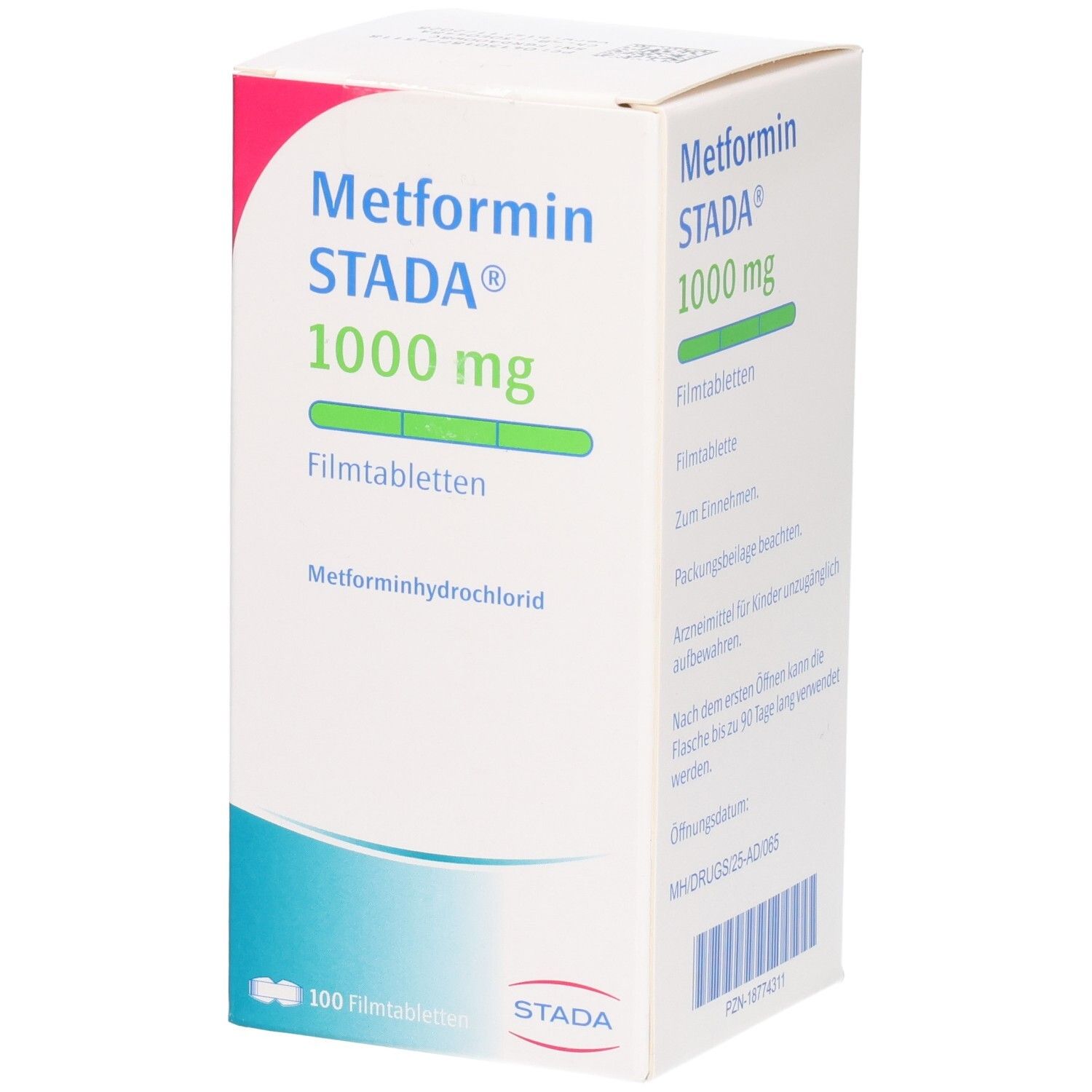 Verpackung Metformin STADA 1000 mg Filmtabletten, 100 Stück.