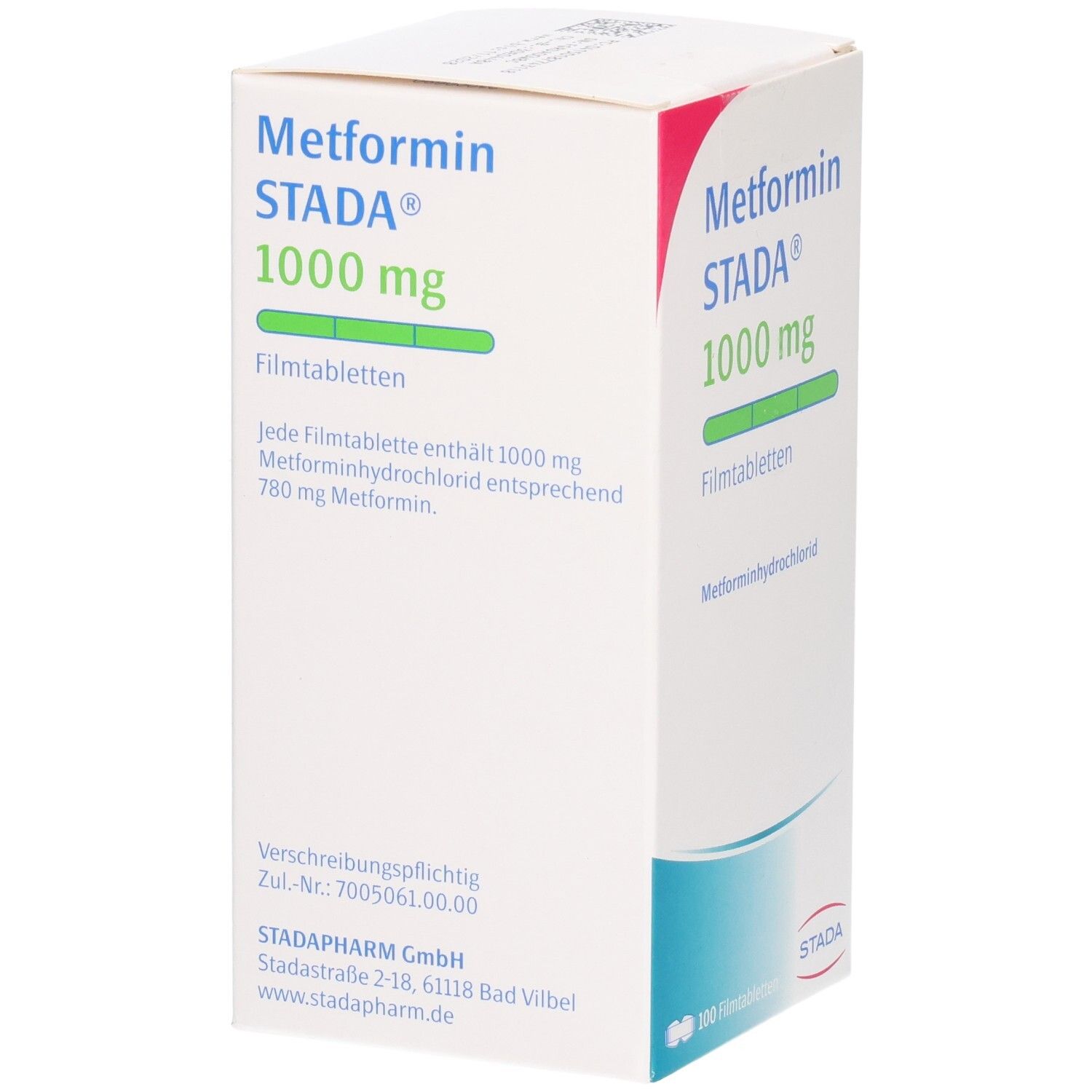 Rückseite der Verpackung Metformin STADA 1000 mg Filmtabletten mit Dosierungsinformationen.