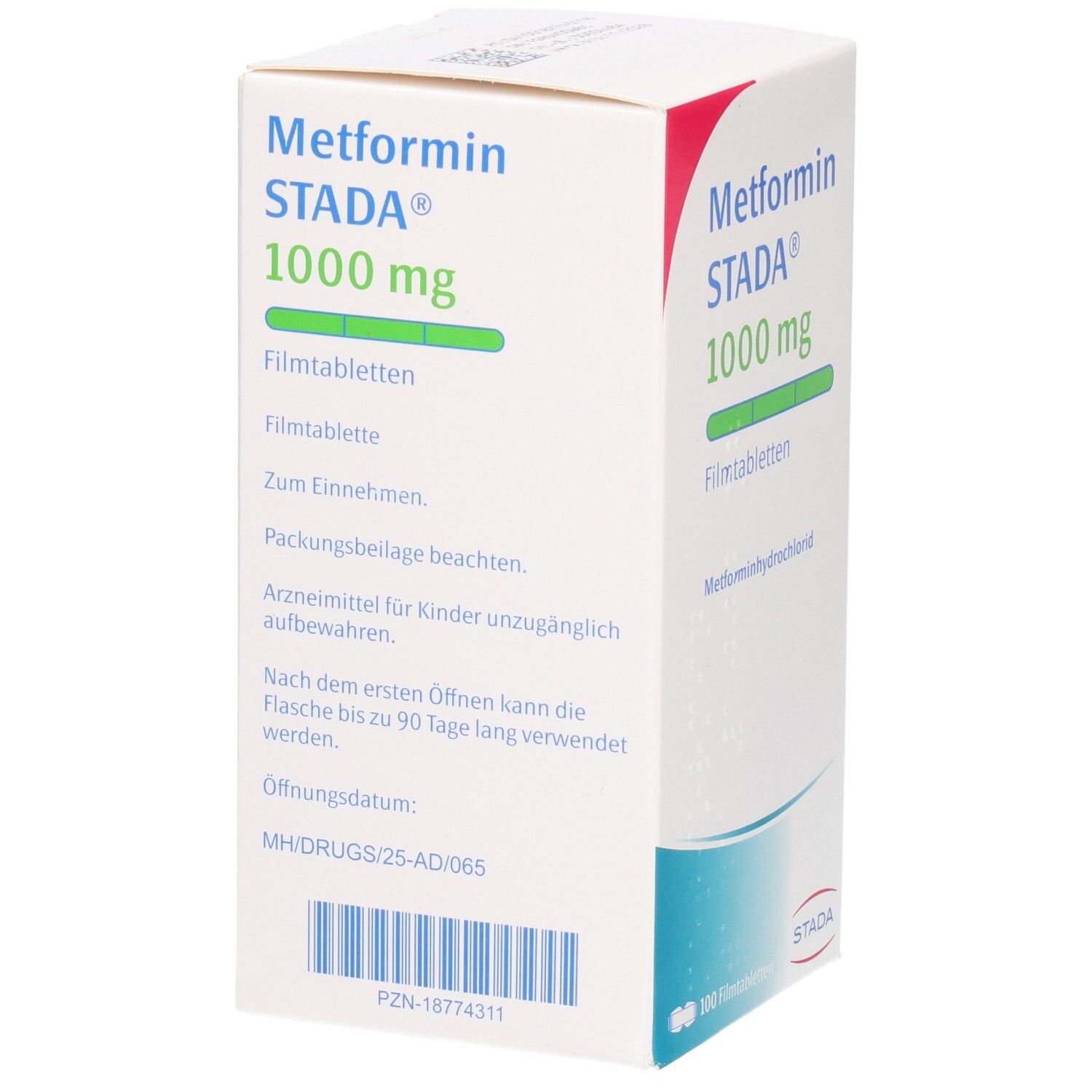Seitenansicht der Verpackung Metformin STADA 1000 mg Filmtabletten mit Einnahmehinweisen.