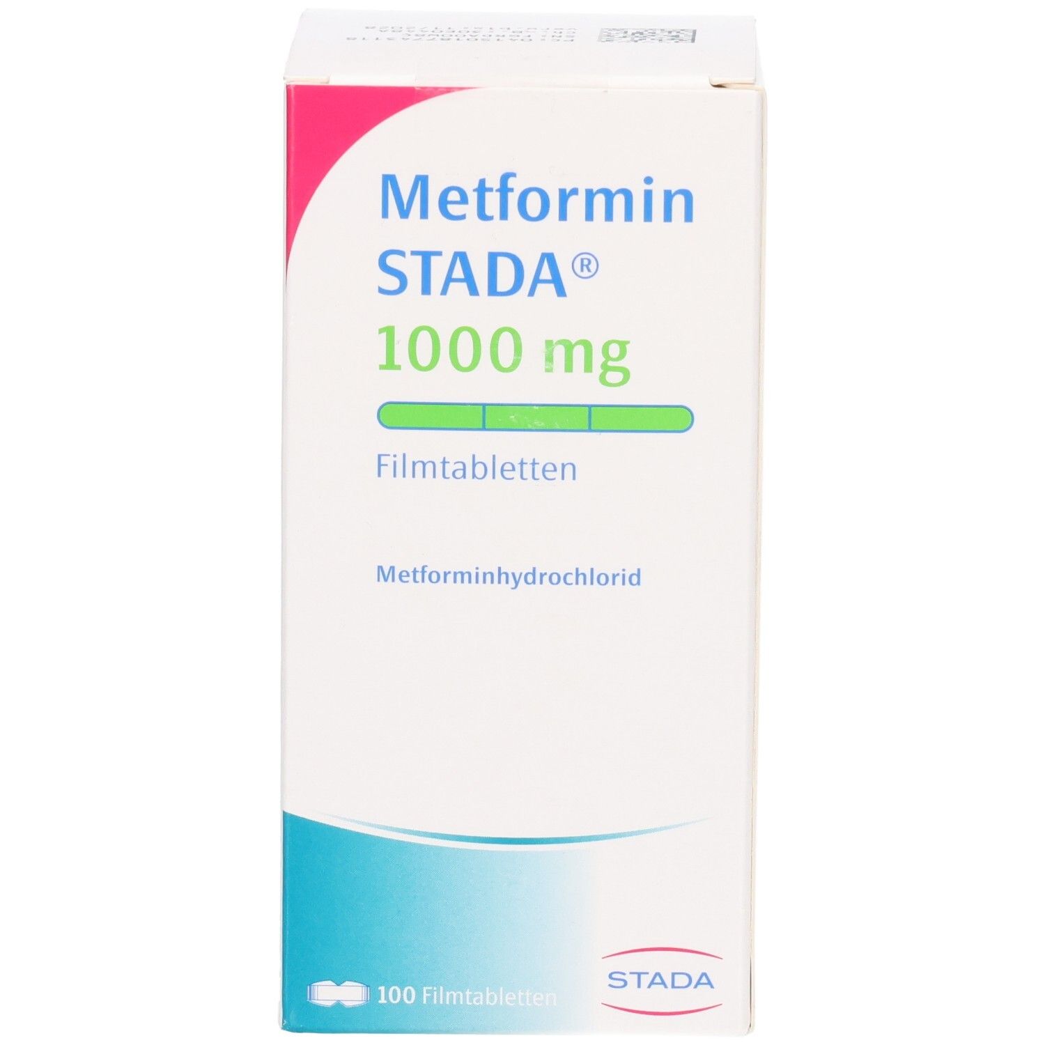 Verpackung Metformin STADA 1000 mg Filmtabletten, 100 Stück, mit STADA Logo.