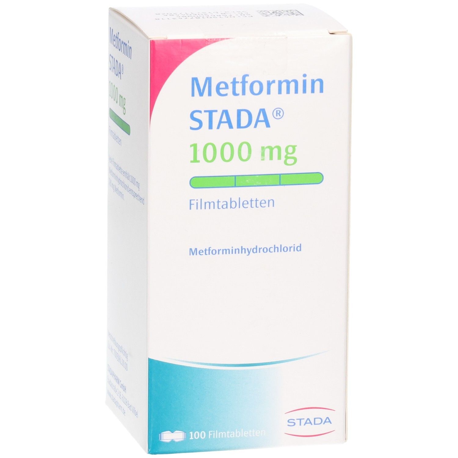 Verpackung Metformin STADA 1000 mg Filmtabletten, 100 Stück, mit STADA Logo.