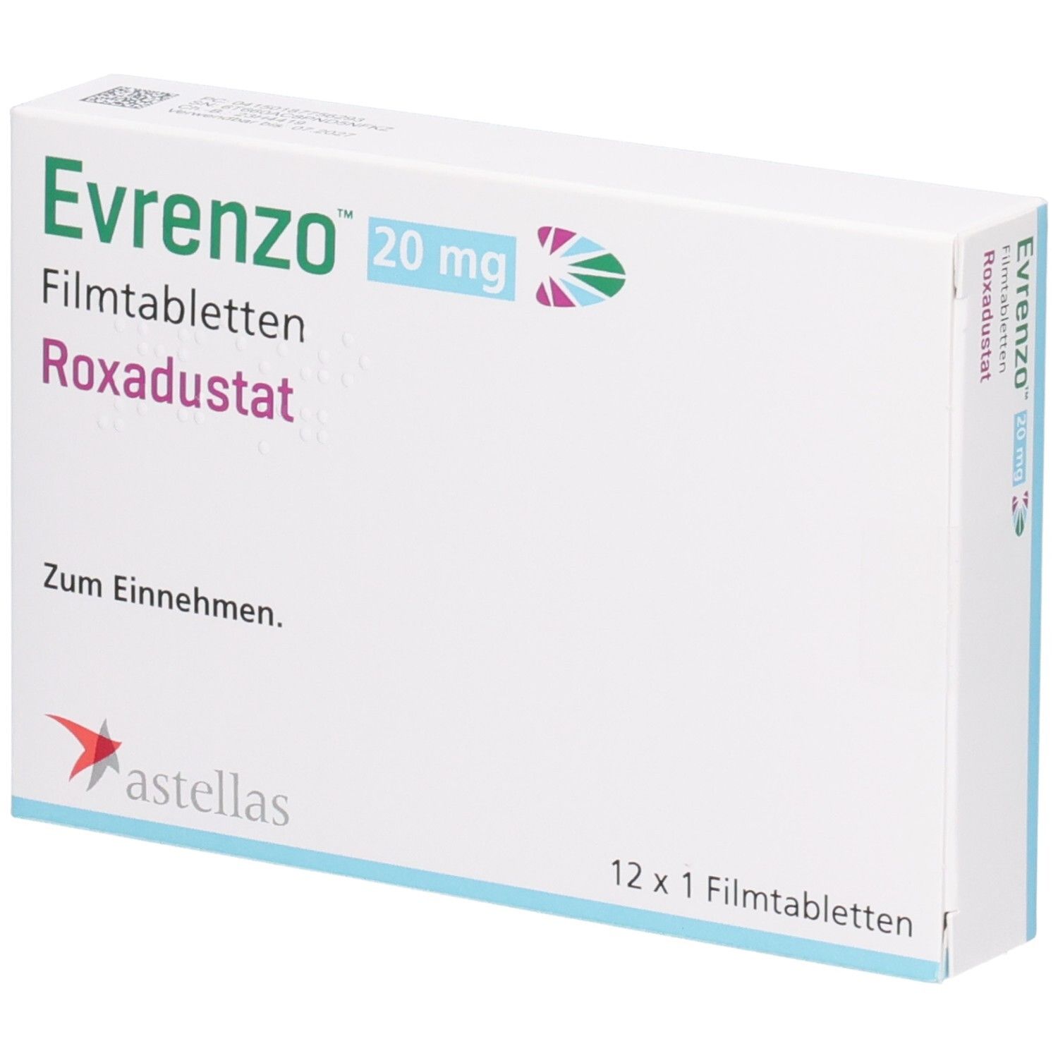 Schachtel mit EVRENZO 20 mg Filmtabletten. Aufschrift: Evrenzo, 20 mg, Filmtabletten, Roxadustat. Astellas Logo. 12 x 1 Filmtabletten.