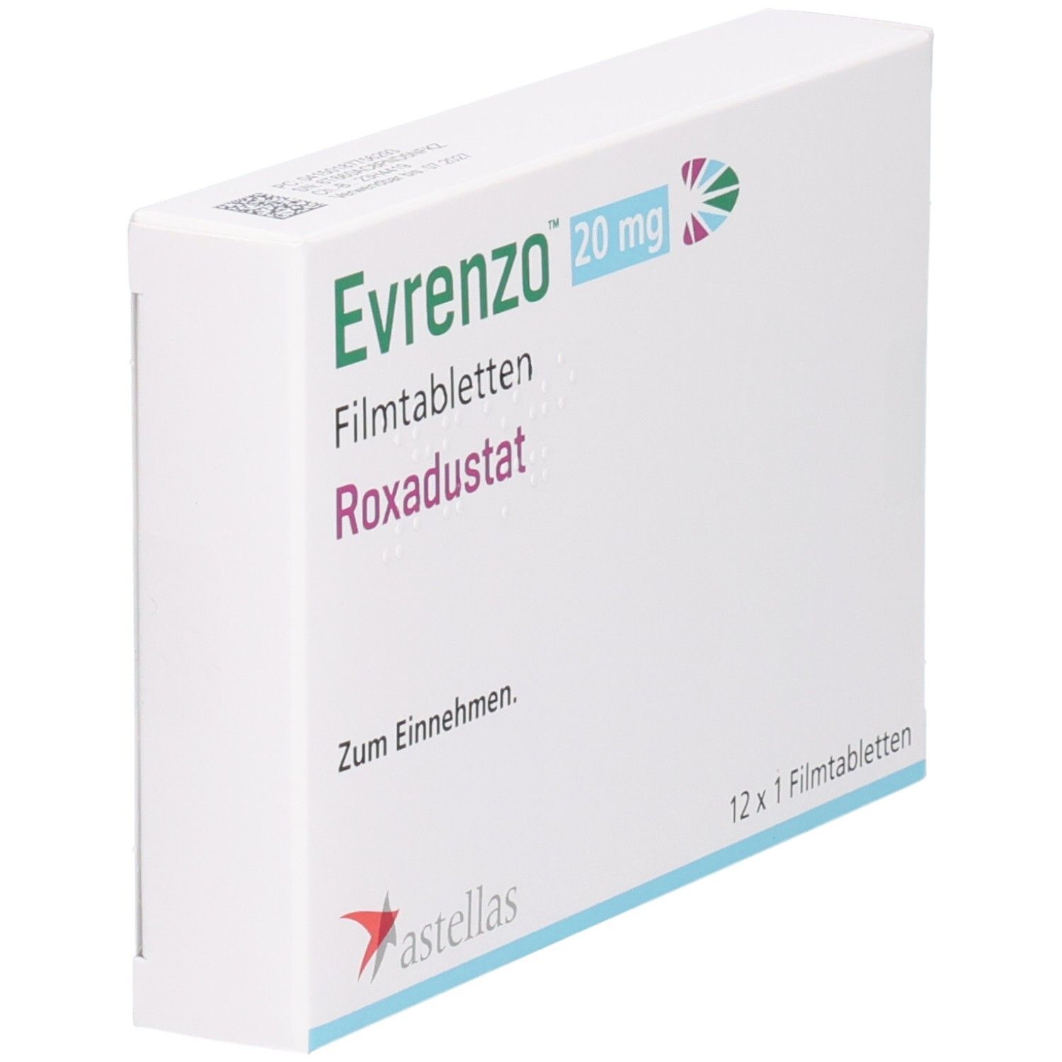 Schachtel mit EVRENZO 20 mg Filmtabletten. Aufschrift: Evrenzo, 20 mg, Filmtabletten, Roxadustat. Astellas Logo. 12 x 1 Filmtabletten. Perspektivische Ansicht.