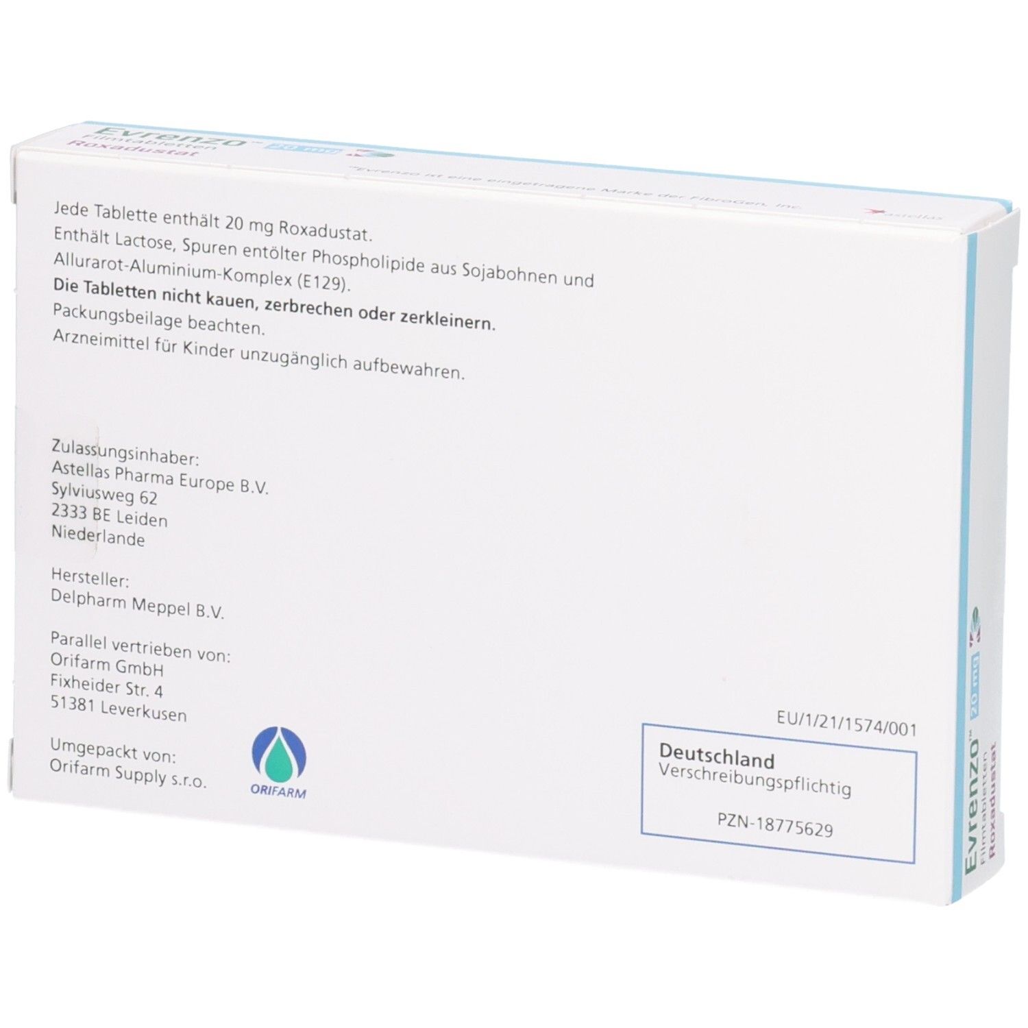 Rückseite der Schachtel mit Informationen zu EVRENZO 20 mg Filmtabletten. Enthält Informationen zu Inhaltsstoffen, Hersteller, und Vertrieb.