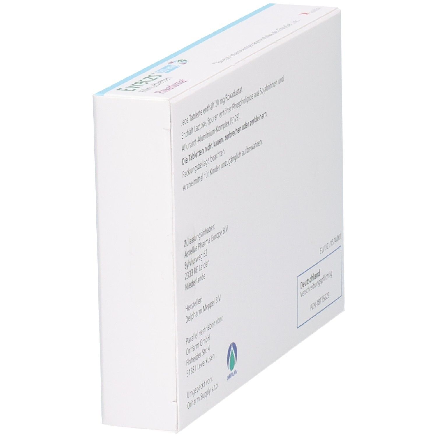 Rückseite der Schachtel mit Informationen zu EVRENZO 20 mg Filmtabletten. Perspektivische Ansicht. Informationen zu Inhaltsstoffen, Hersteller, und Vertrieb.
