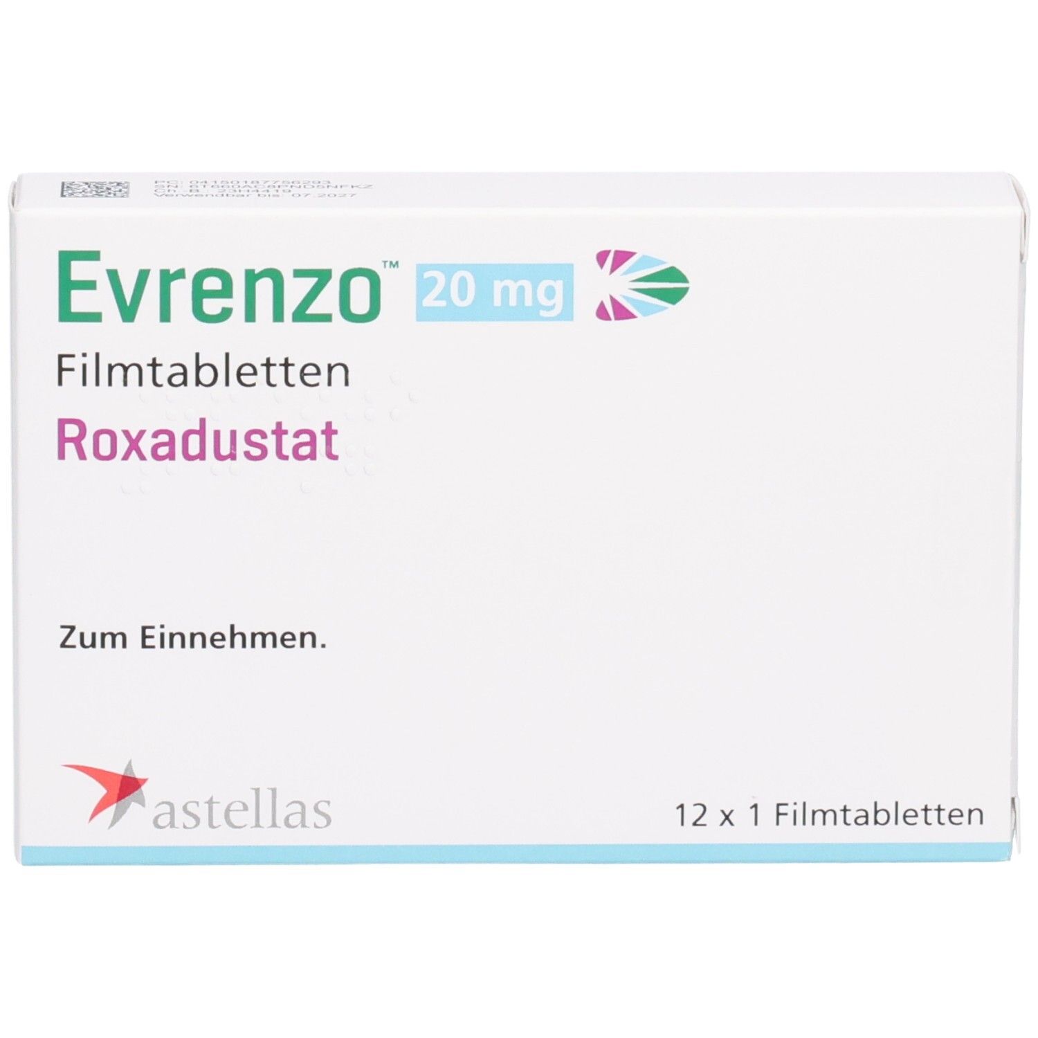 Schachtel mit EVRENZO 20 mg Filmtabletten. Aufschrift: Evrenzo, 20 mg, Filmtabletten, Roxadustat. Astellas Logo. 12 x 1 Filmtabletten. Draufsicht.