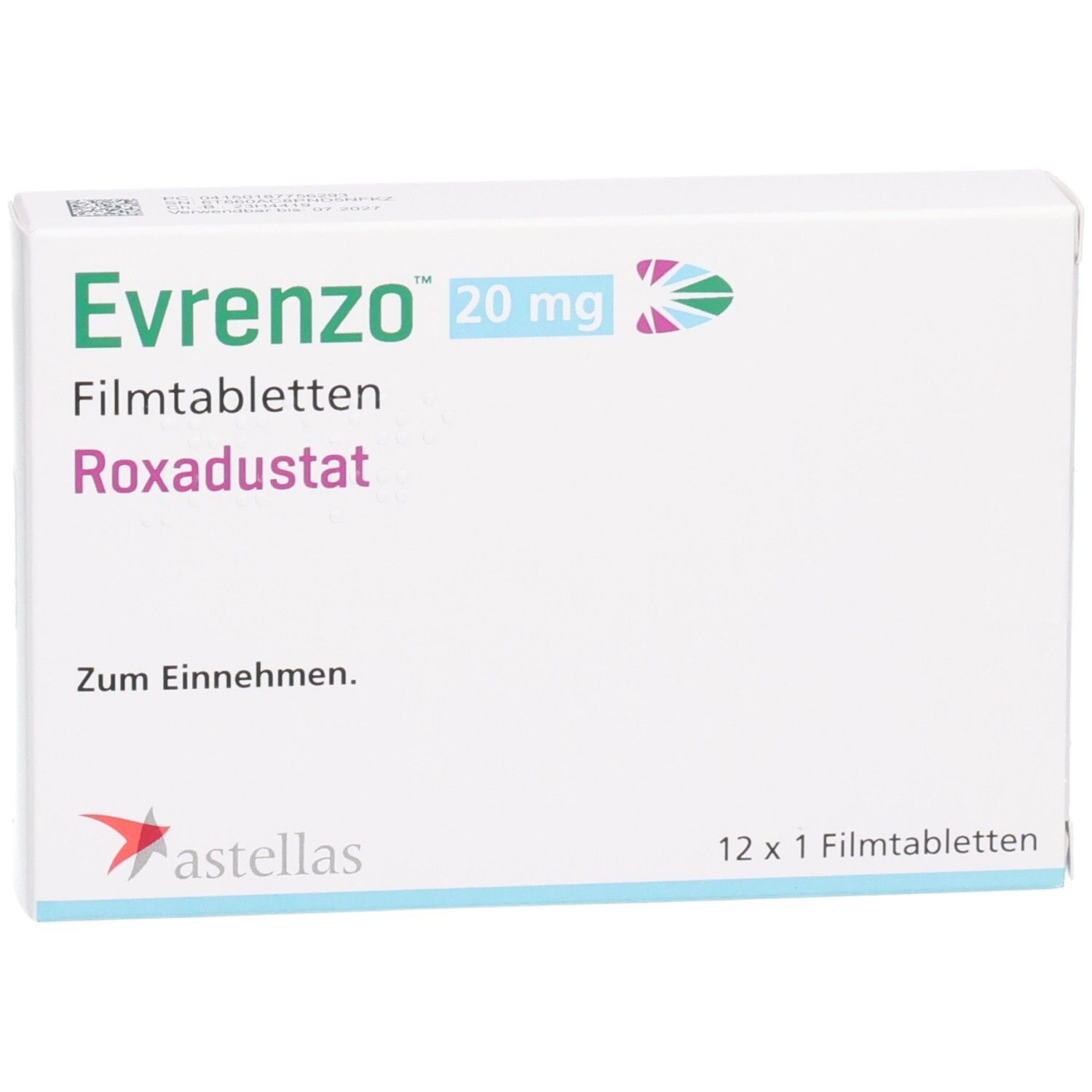 Schachtel mit EVRENZO 20 mg Filmtabletten. Aufschrift: Evrenzo, 20 mg, Filmtabletten, Roxadustat. Astellas Logo. 12 x 1 Filmtabletten. Draufsicht.