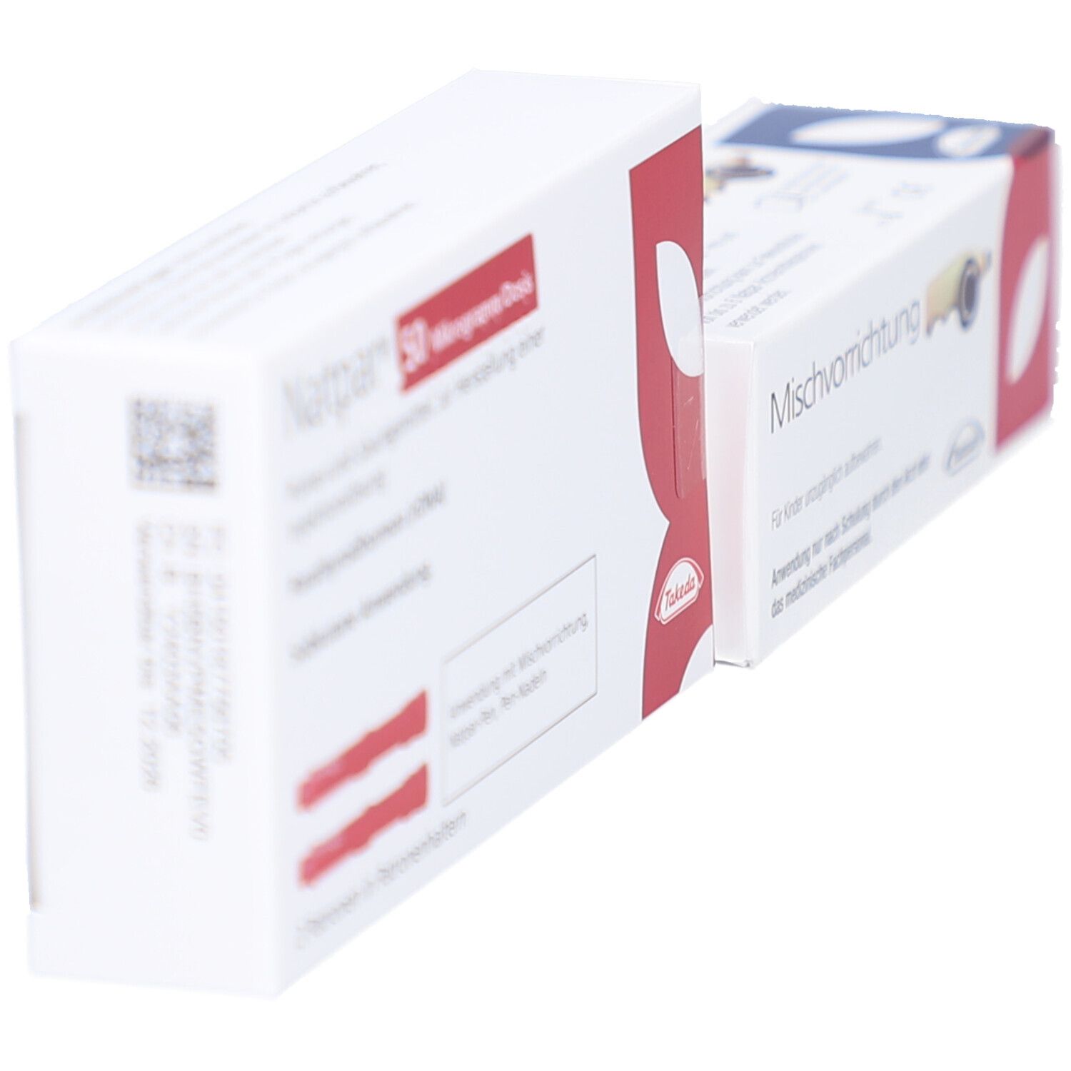 Zwei weiße Kartons, einer mit "Natpar 50 Mikrogramm/Dosis". Beide mit roter und blauer Grafik.