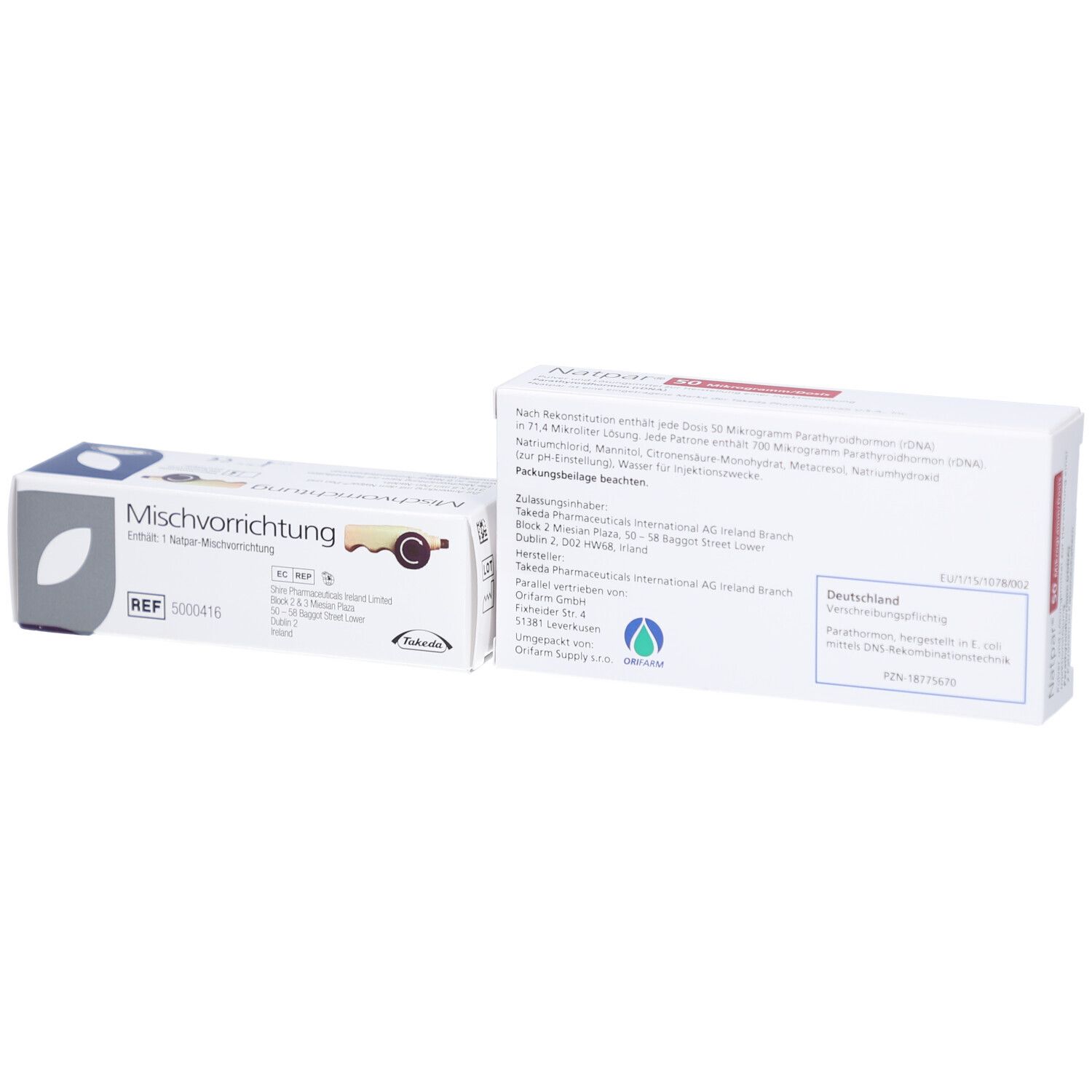 Zwei weiße Kartons. Einer mit "Mischvorrichtung". Rückseite mit Text und Logo.