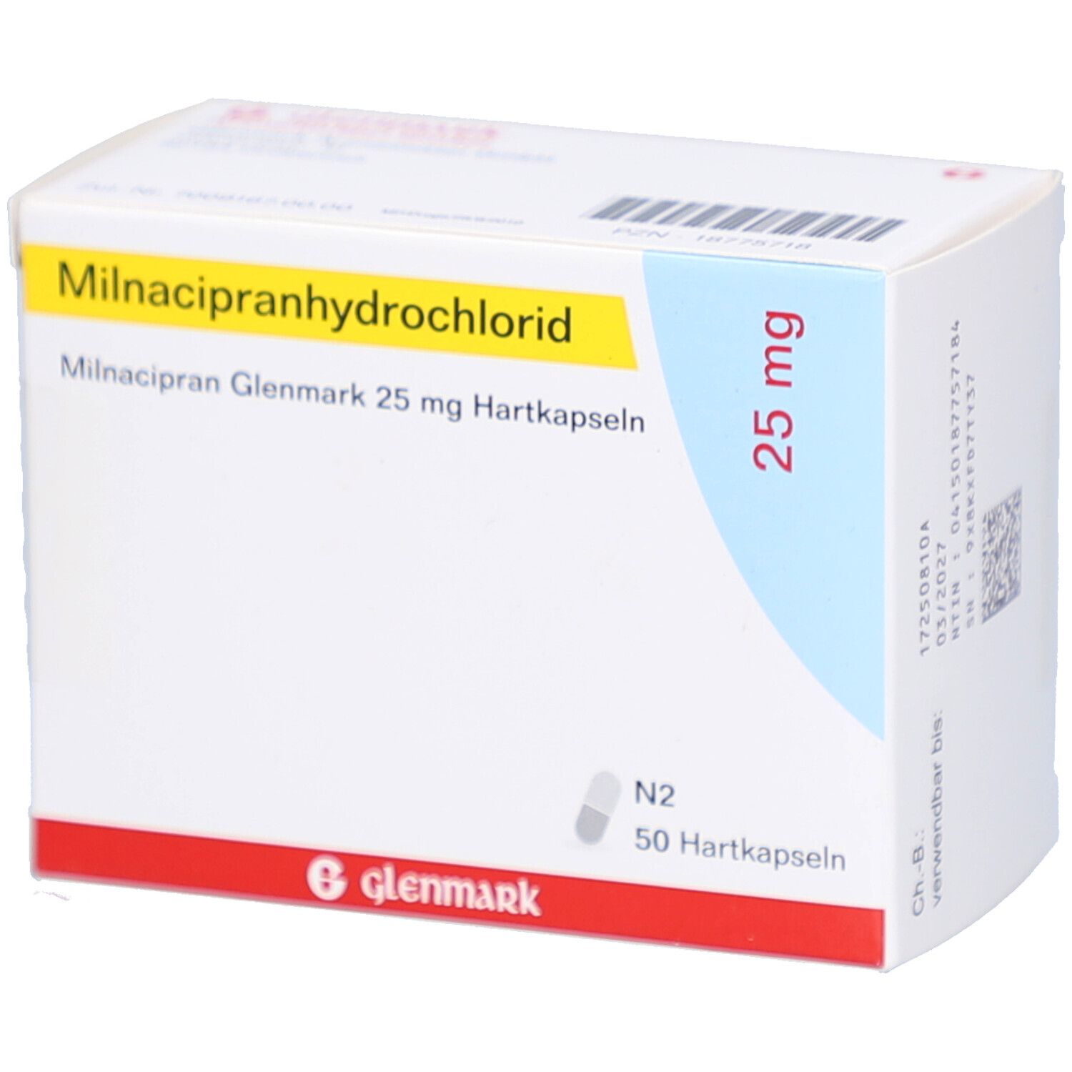 Schachtel mit Aufschrift Milnacipranhydrochlorid, 25 mg, 50 Hartkapseln. Marke Glenmark. Weiß, gelb, rot und blau.
