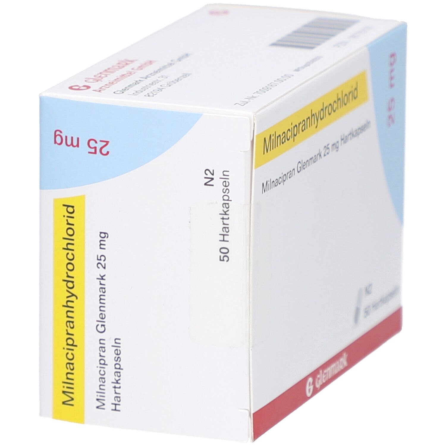 Schachtel Milnacipranhydrochlorid 25 mg, 50 Hartkapseln. Marke Glenmark. Weiß, gelb, rot und blau. Seitenansicht.