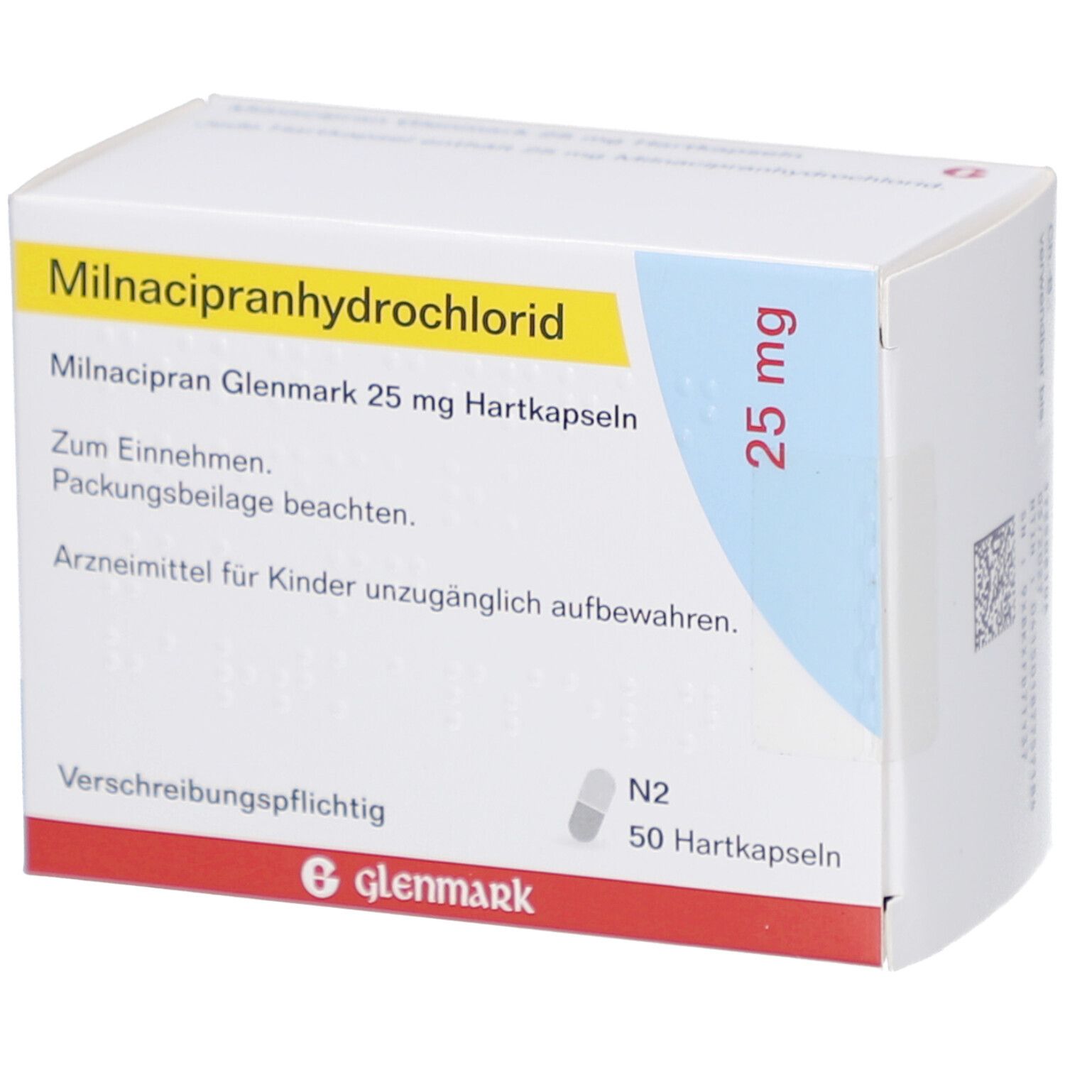 Schachtel mit Aufschrift Milnacipranhydrochlorid, 25 mg, 50 Hartkapseln. Marke Glenmark. Text und Piktogramme.