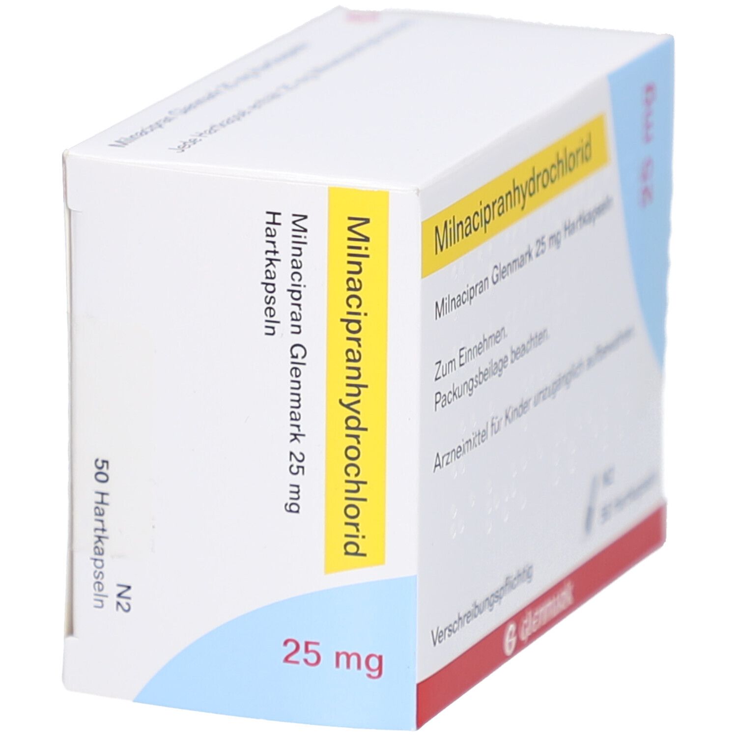 Schachtel Milnacipranhydrochlorid 25 mg, 50 Hartkapseln. Marke Glenmark. Weiß, gelb, rot und blau. Schräge Ansicht.