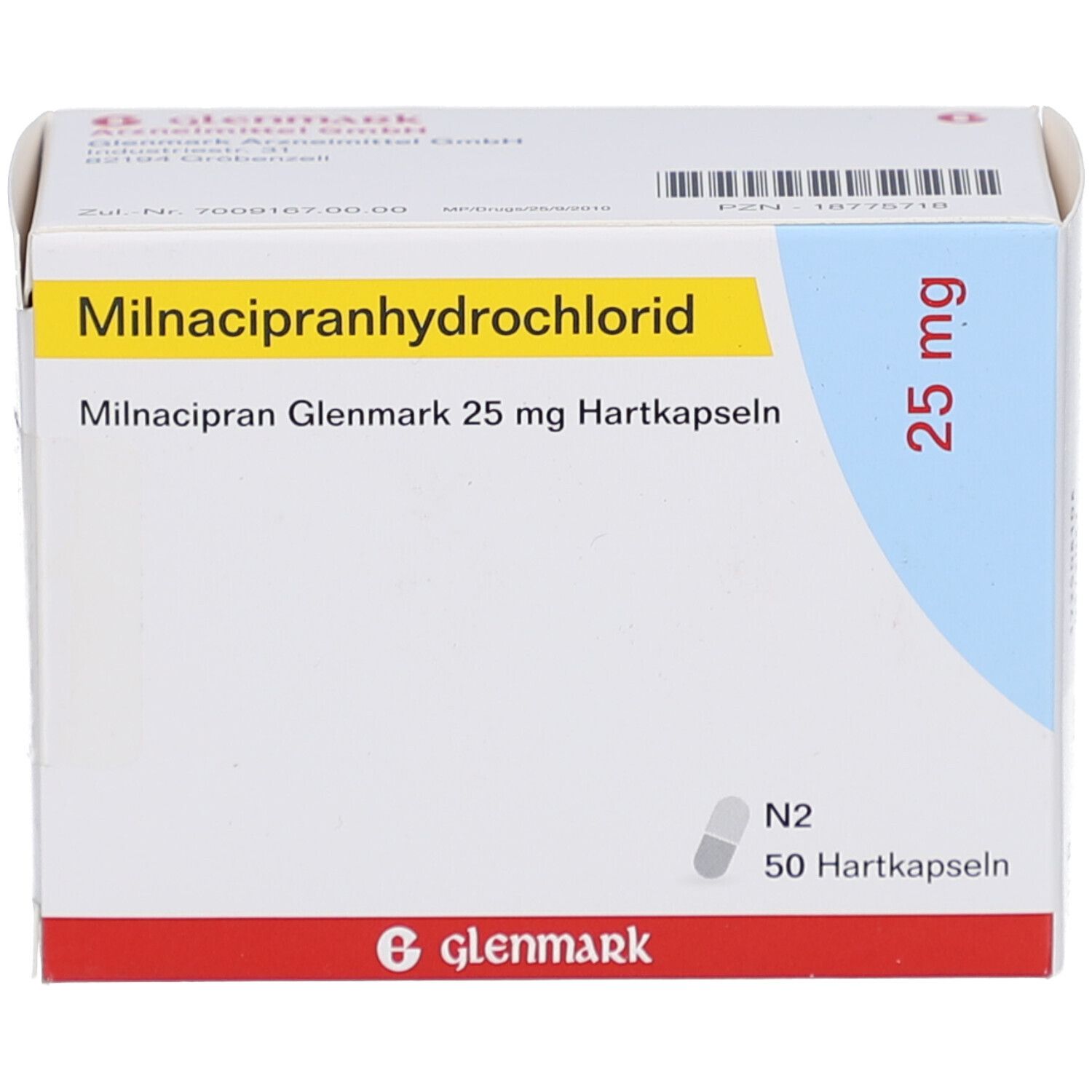 Schachtel mit Aufschrift Milnacipranhydrochlorid, 25 mg, 50 Hartkapseln. Marke Glenmark. Weiß, gelb, rot und blau.