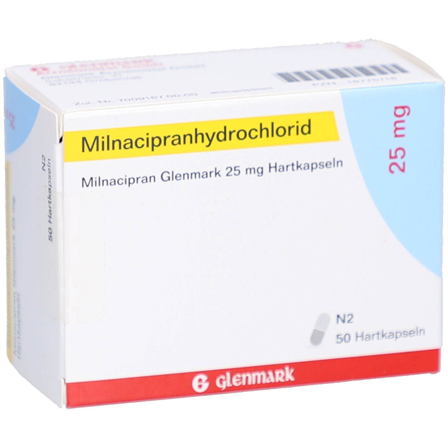 Schachtel mit Aufschrift Milnacipranhydrochlorid, 25 mg, 50 Hartkapseln. Marke Glenmark. Weiß, gelb, rot und blau.