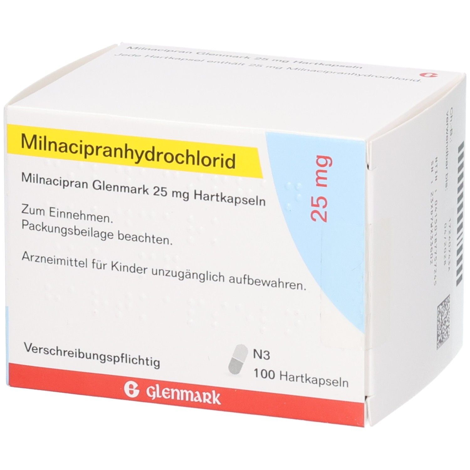 Milnacipranhydrochlorid 25 mg Hartkapseln von Glenmark in Packung mit 100 Stück.