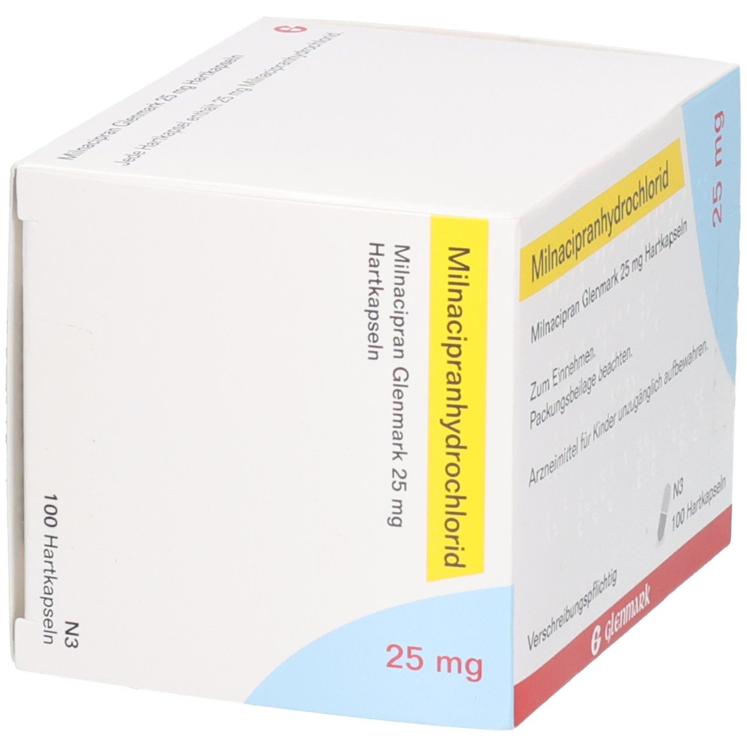 Packung Milnacipranhydrochlorid 25 mg Hartkapseln, 100 Stück. G. Glenmark.