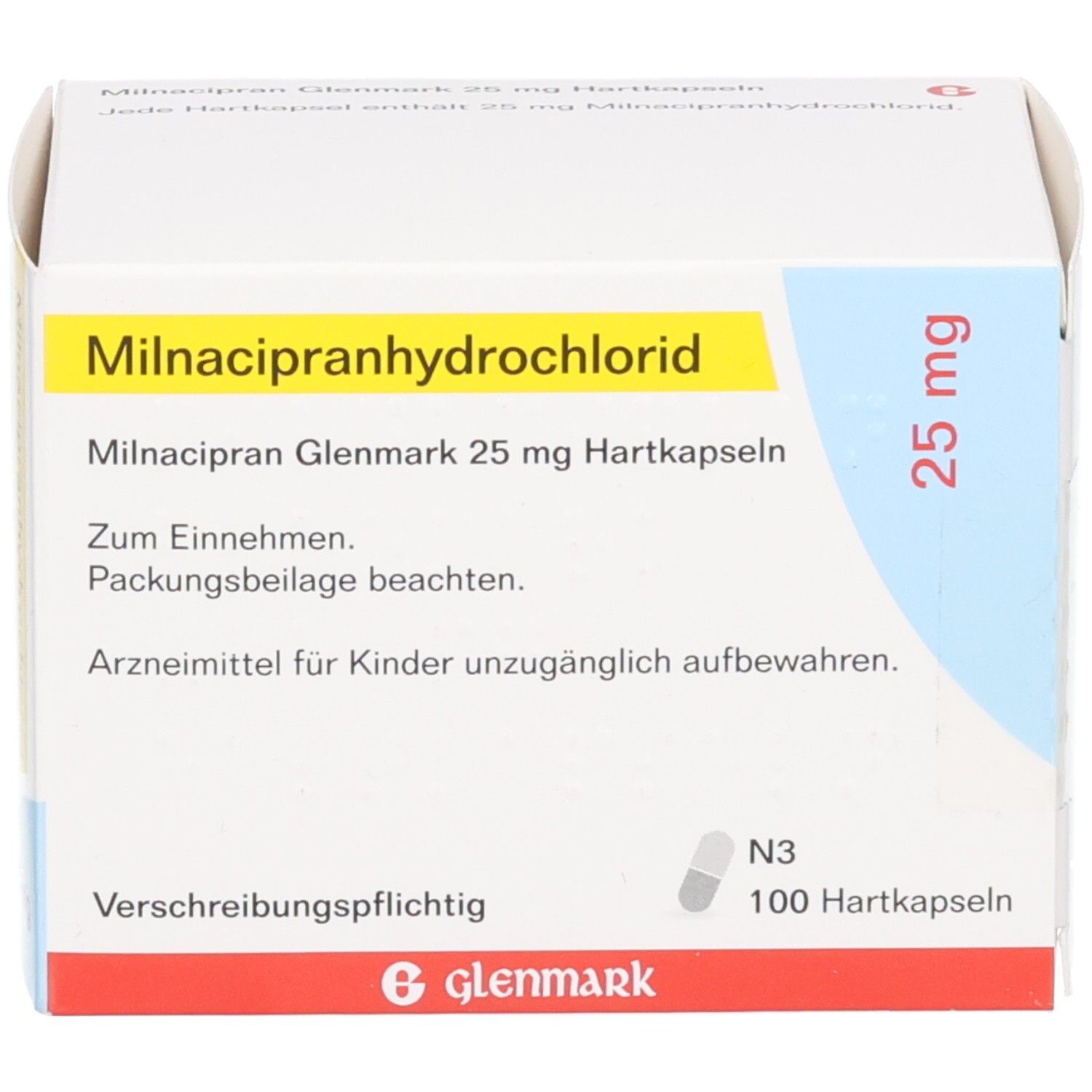 Verpackung von Milnacipranhydrochlorid 25 mg Hartkapseln von Glenmark.