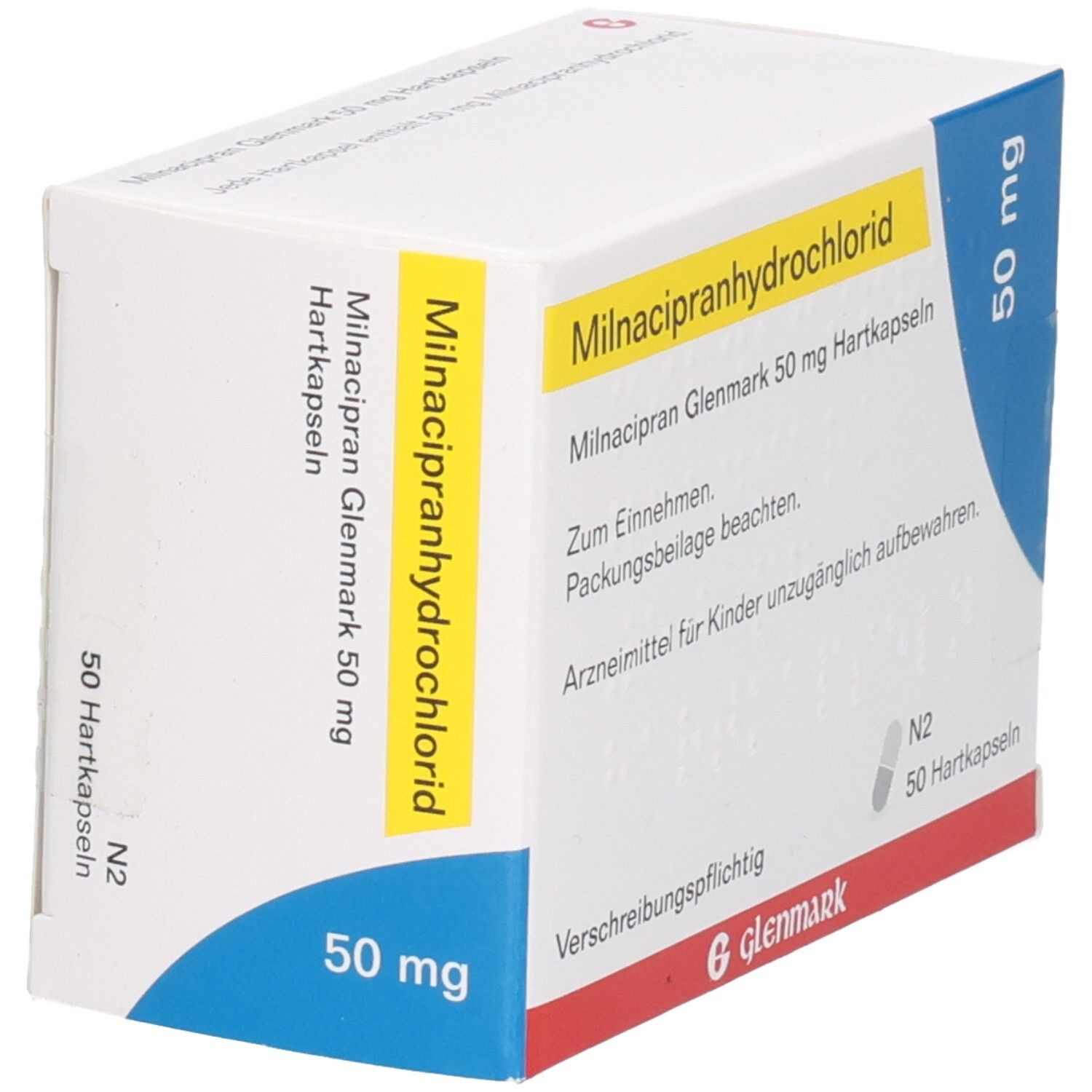 Milnacipran Glenmark 50 mg Hartkapseln. Weiße Schachtel mit gelben und blauen Akzenten. Enthält 50 Kapseln. Glenmark Logo.