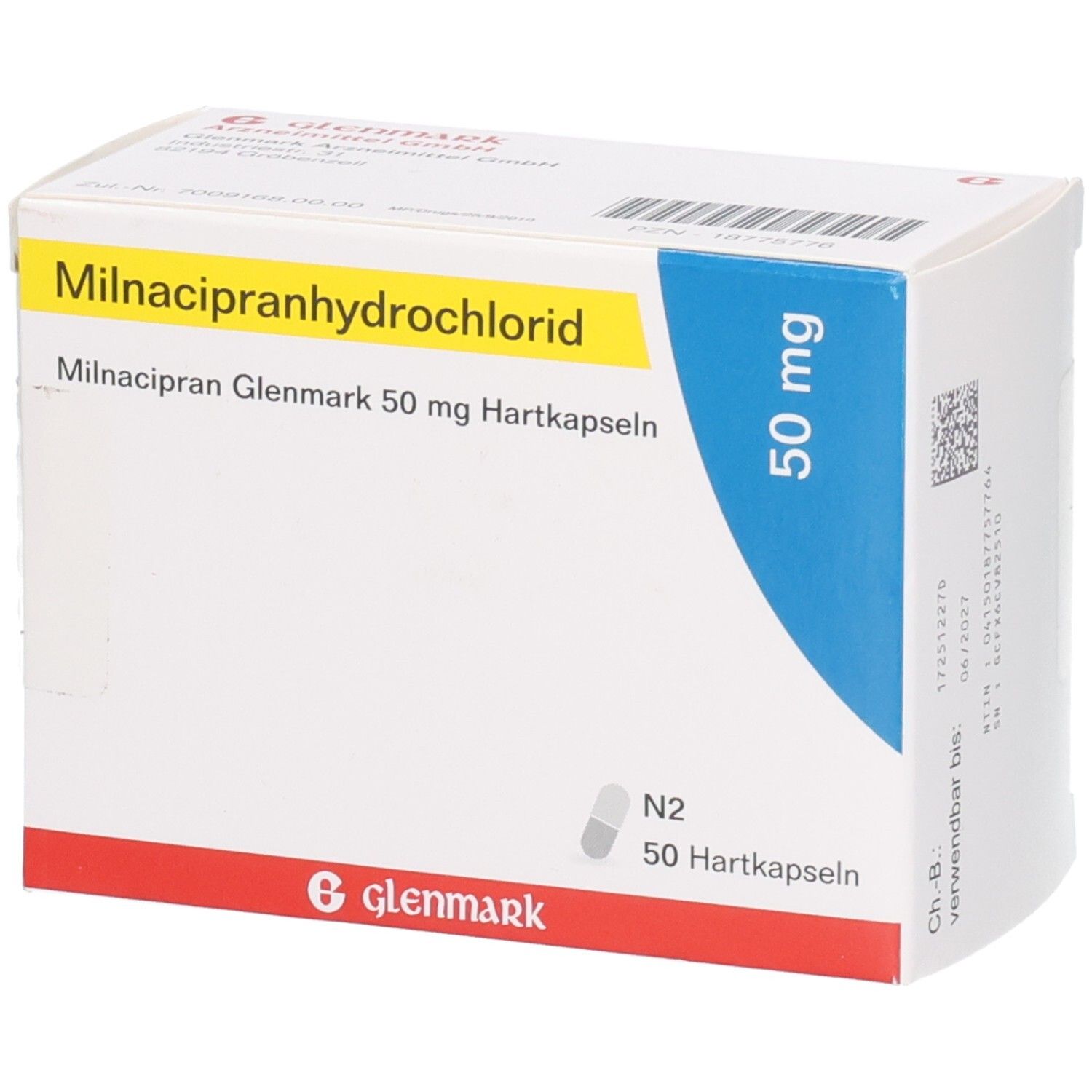 Milnacipran Glenmark 50 mg Hartkapseln. Weiße Schachtel mit gelben und blauen Akzenten. Enthält 50 Kapseln. Glenmark Logo.
