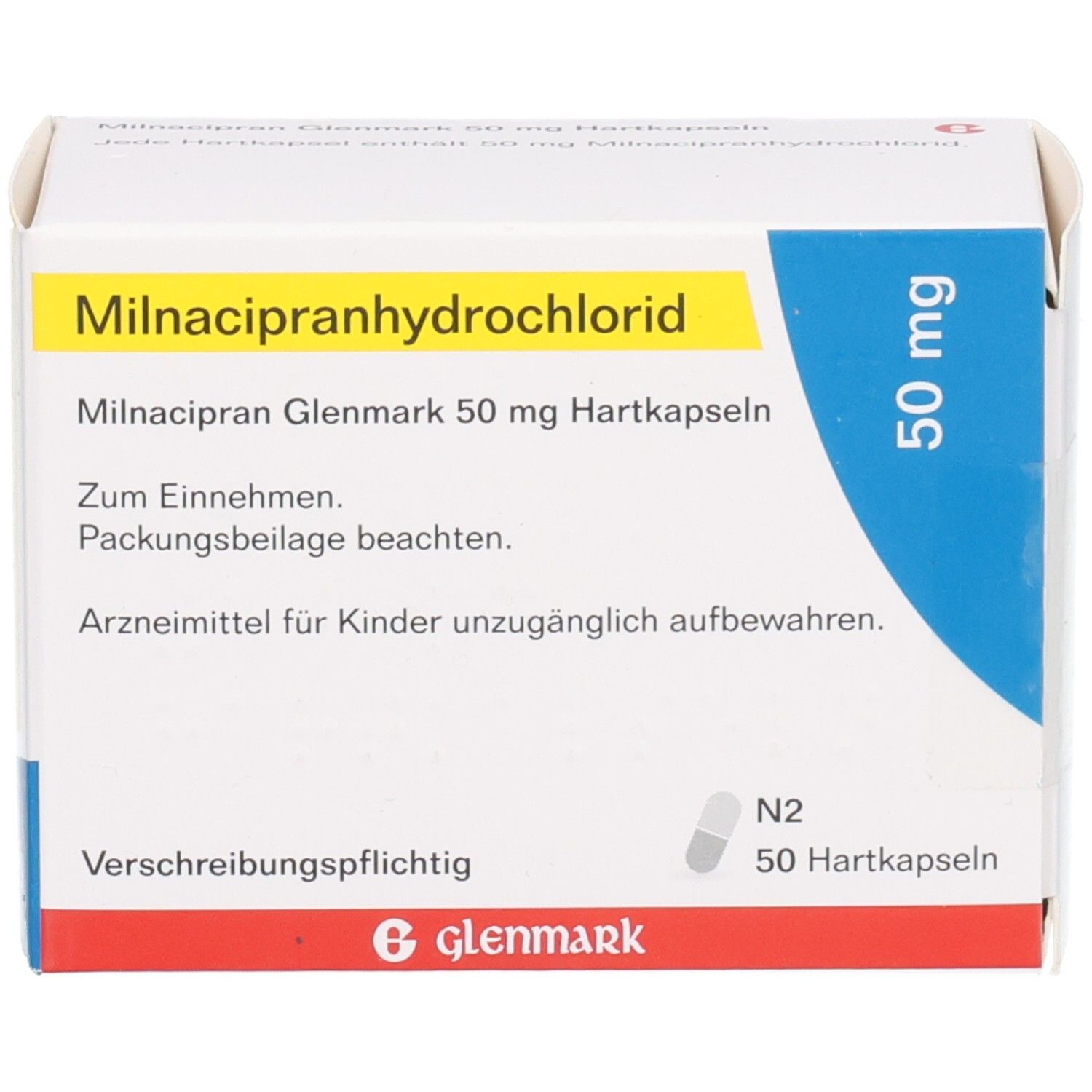 Milnacipran Glenmark 50 mg Hartkapseln. Weiße Schachtel mit gelben und blauen Akzenten. Enthält 50 Kapseln. Glenmark Logo.