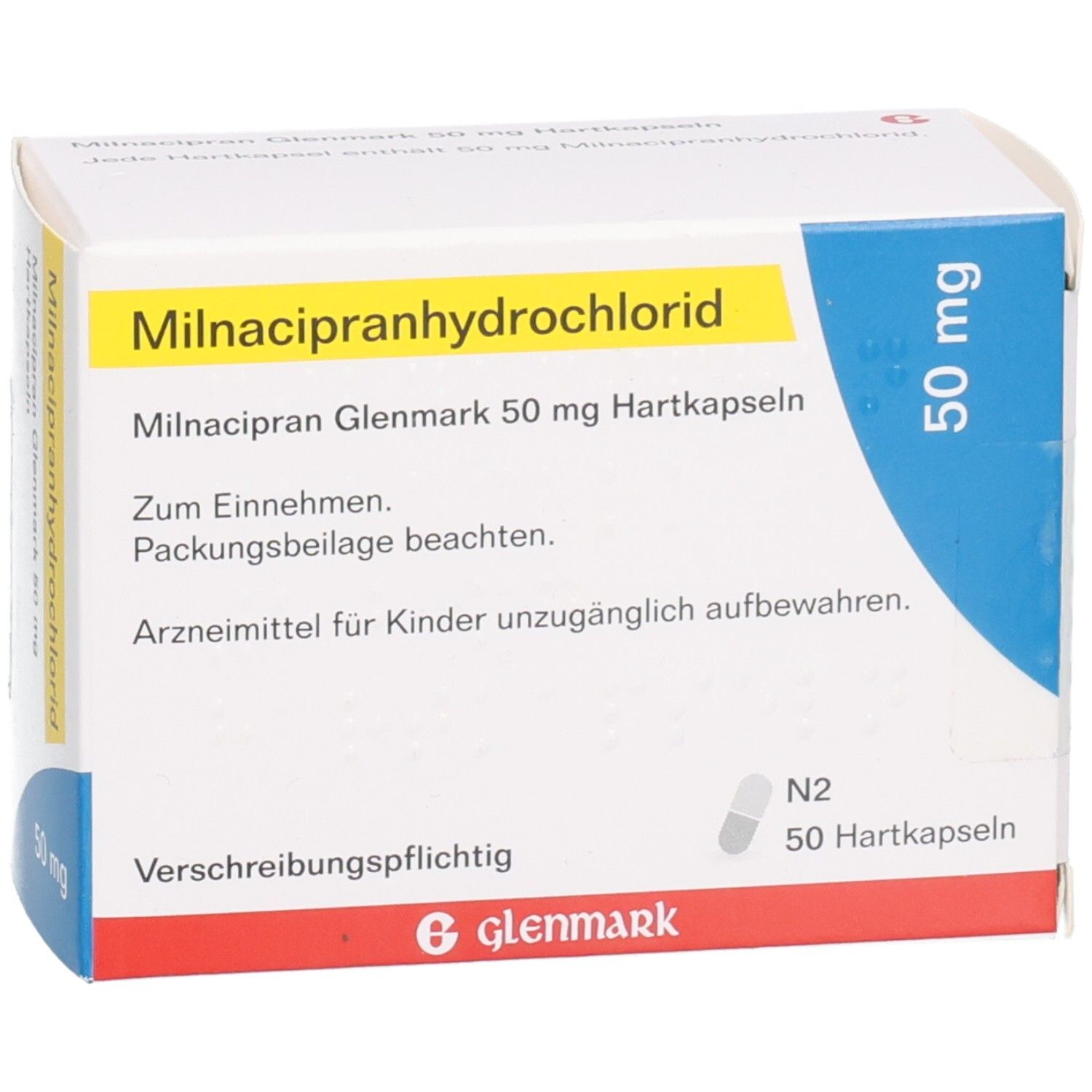 Milnacipran Glenmark 50 mg Hartkapseln. Weiße Schachtel mit gelben und blauen Akzenten. Enthält 50 Kapseln. Glenmark Logo.