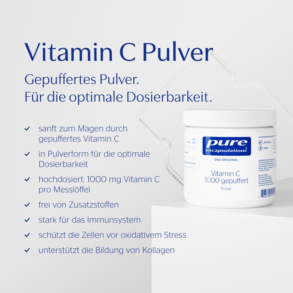 Text mit Überschrift: Vitamin C Pulver. Vorteile: sanft zum Magen, in Pulverform, hochdosiert, ohne Zusatzstoffe, etc. Dose im Hintergrund.