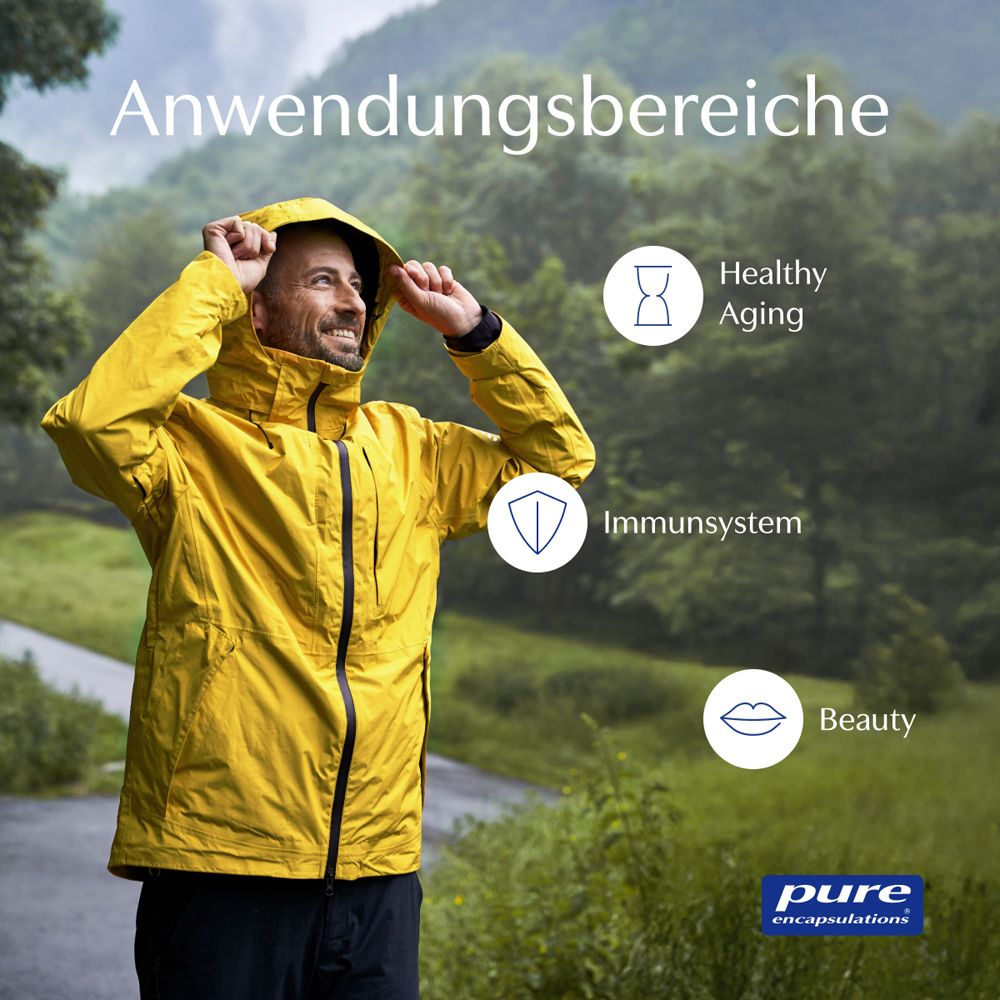 Mann in gelber Jacke im Freien. Kreise mit Icons: Healthy Aging, Immunsystem, Beauty. Pure Encapsulations Logo unten.