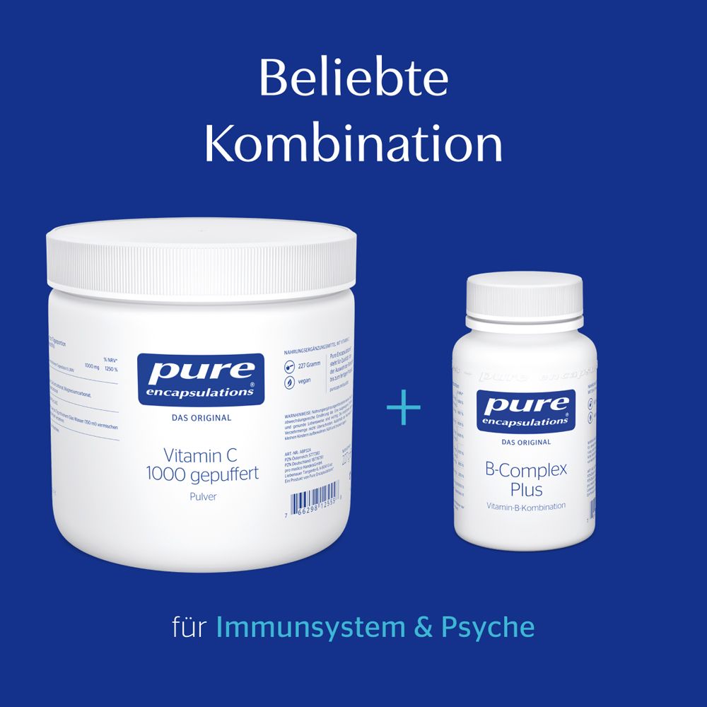 Zwei Behälter nebeneinander. Dose Vitamin C 1000 gepuffert Pulver und Flasche B-Complex Plus. Text: für Immunsystem & Psyche.