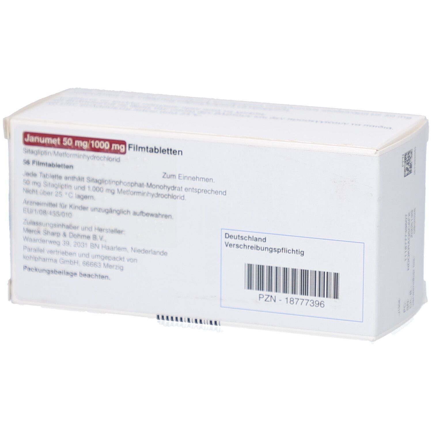Weiße Schachtel, Rückseite. Aufschrift: Janumet 50 mg/1000 mg Filmtabletten. Text in Deutsch. PZN-Nummer.