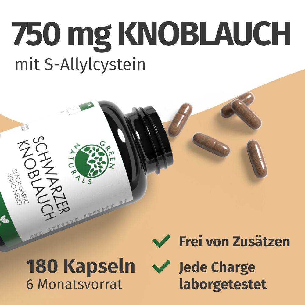 Flasche Schwarzer Knoblauch Kapseln, 180 Stück, 750 mg.