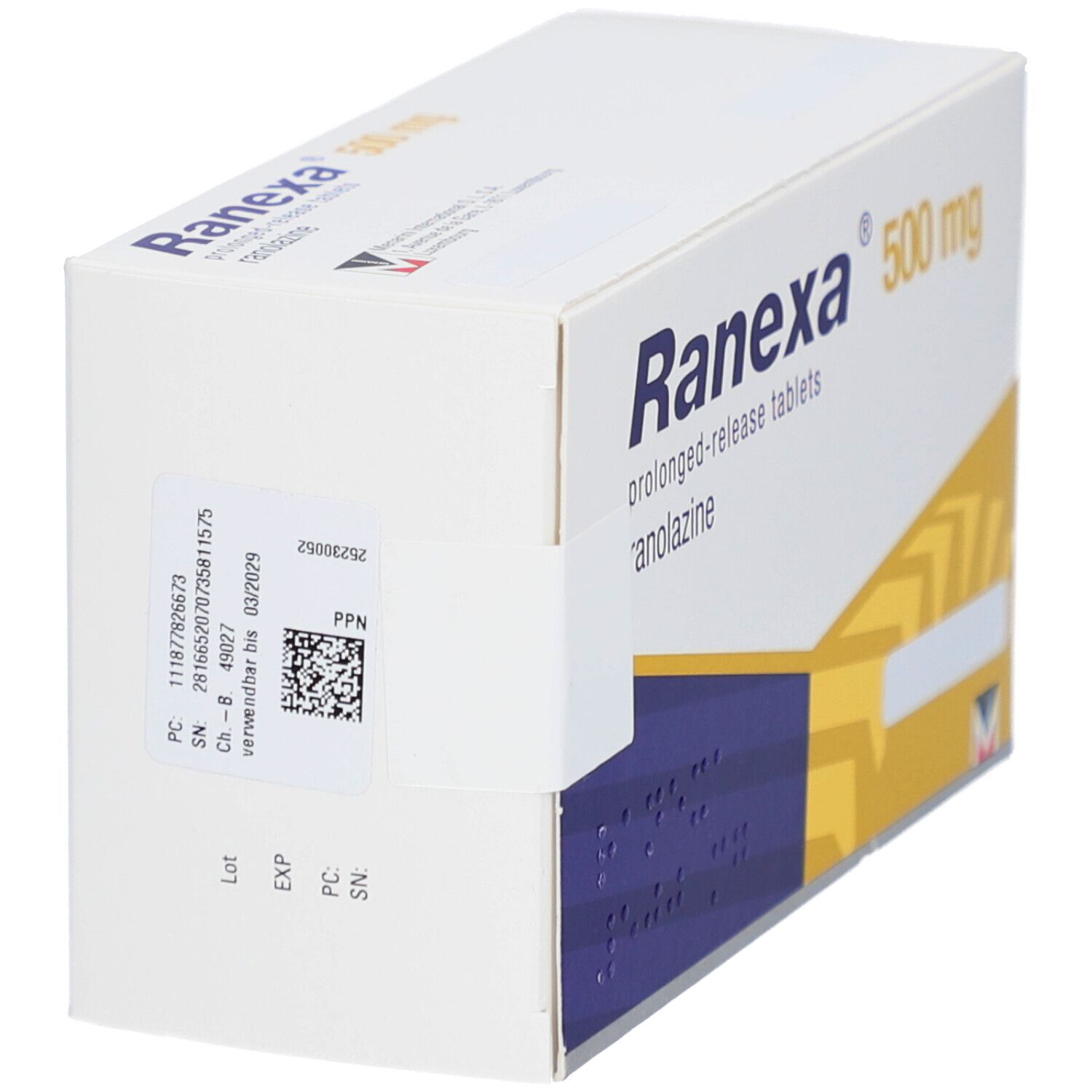 Schachtel, weiß mit blauen und gelben Akzenten. Aufdruck: Ranexa 500 mg. Etikett mit Barcode und Text.