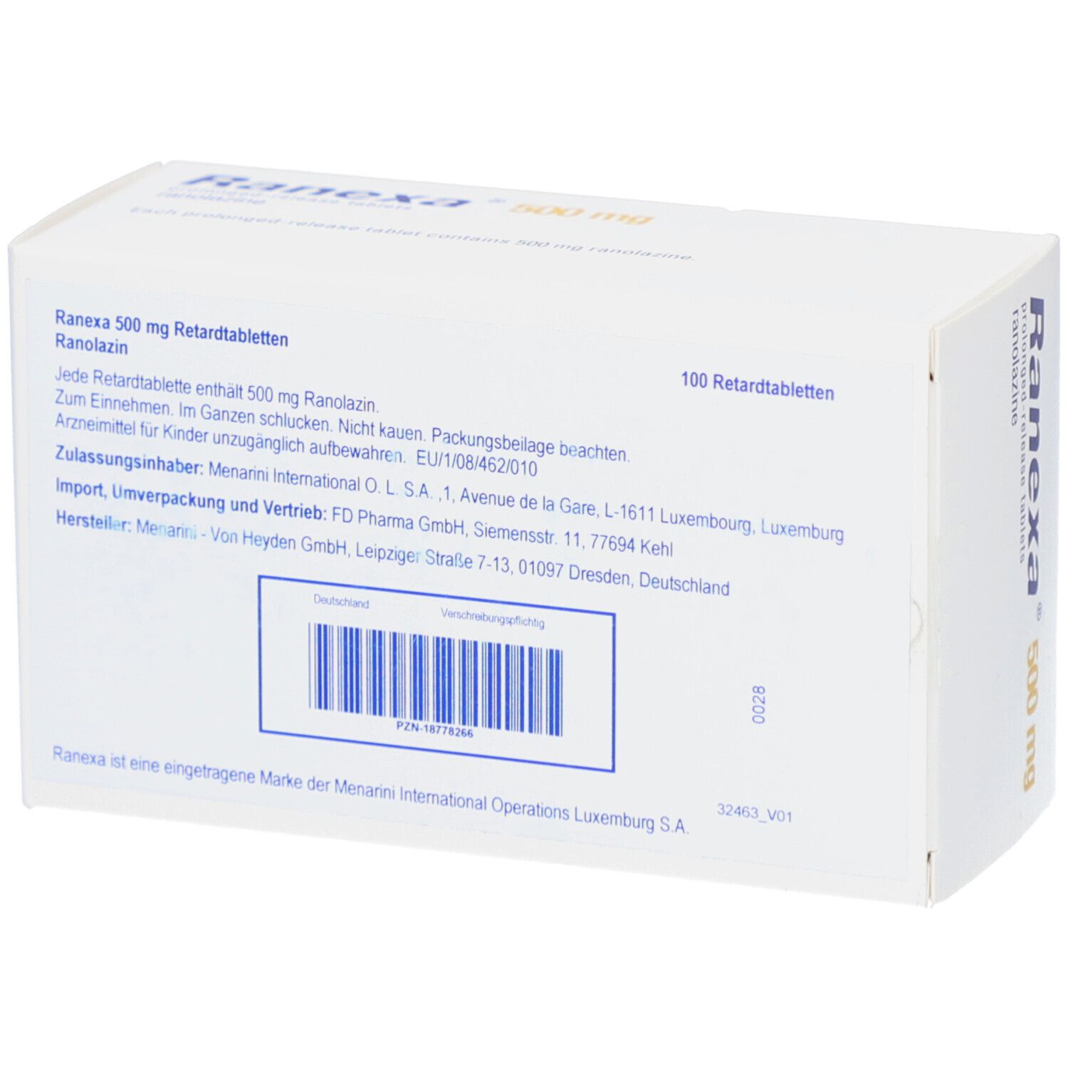 Rückseite der weißen Schachtel. Text: Ranexa 500 mg Retardtabletten. Informationen und Barcode.