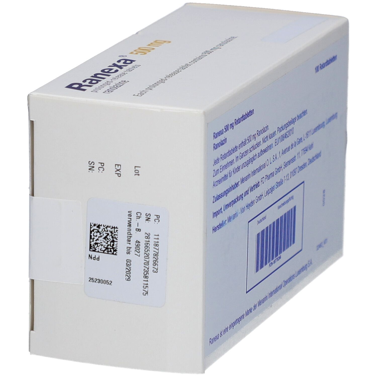 Schachtel, weiß mit blauen und gelben Akzenten. Aufdruck: Ranexa 500 mg. Barcode und Etikett.
