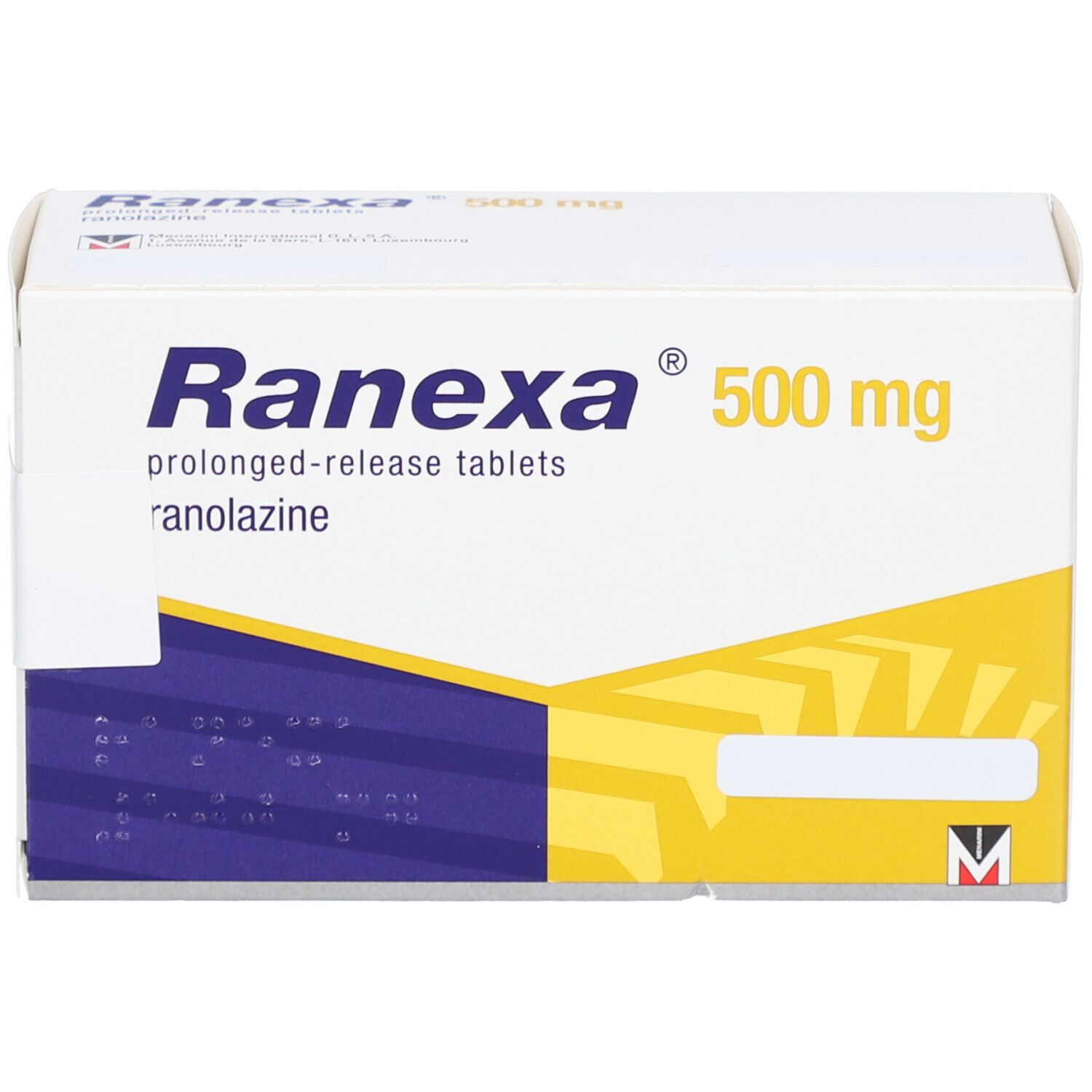 Weiße Schachtel mit blauen und gelben Akzenten. Aufschrift: Ranexa 500 mg, Retardtabletten.
