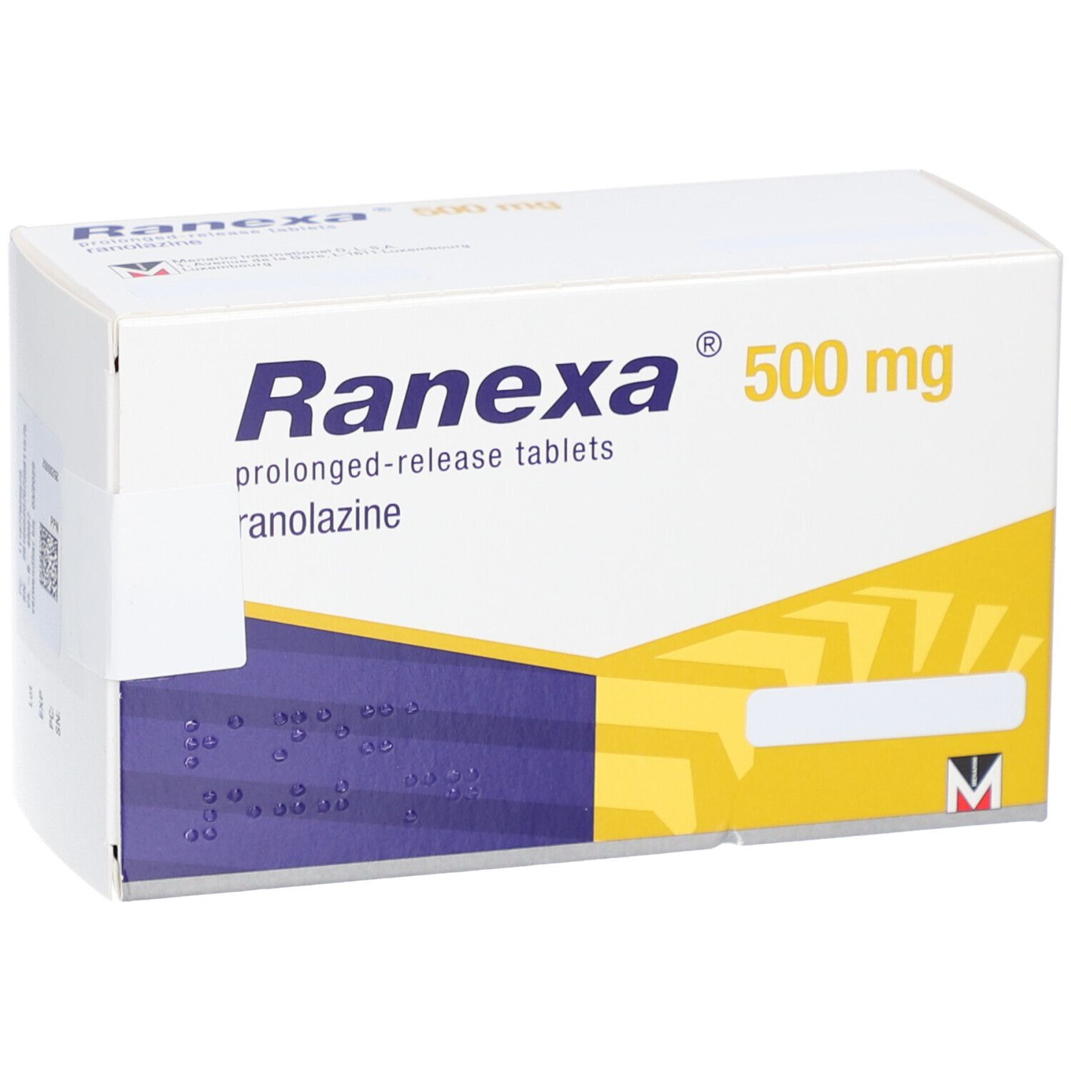 Weiße Schachtel mit blauen und gelben Akzenten. Aufschrift: Ranexa 500 mg, Retardtabletten.