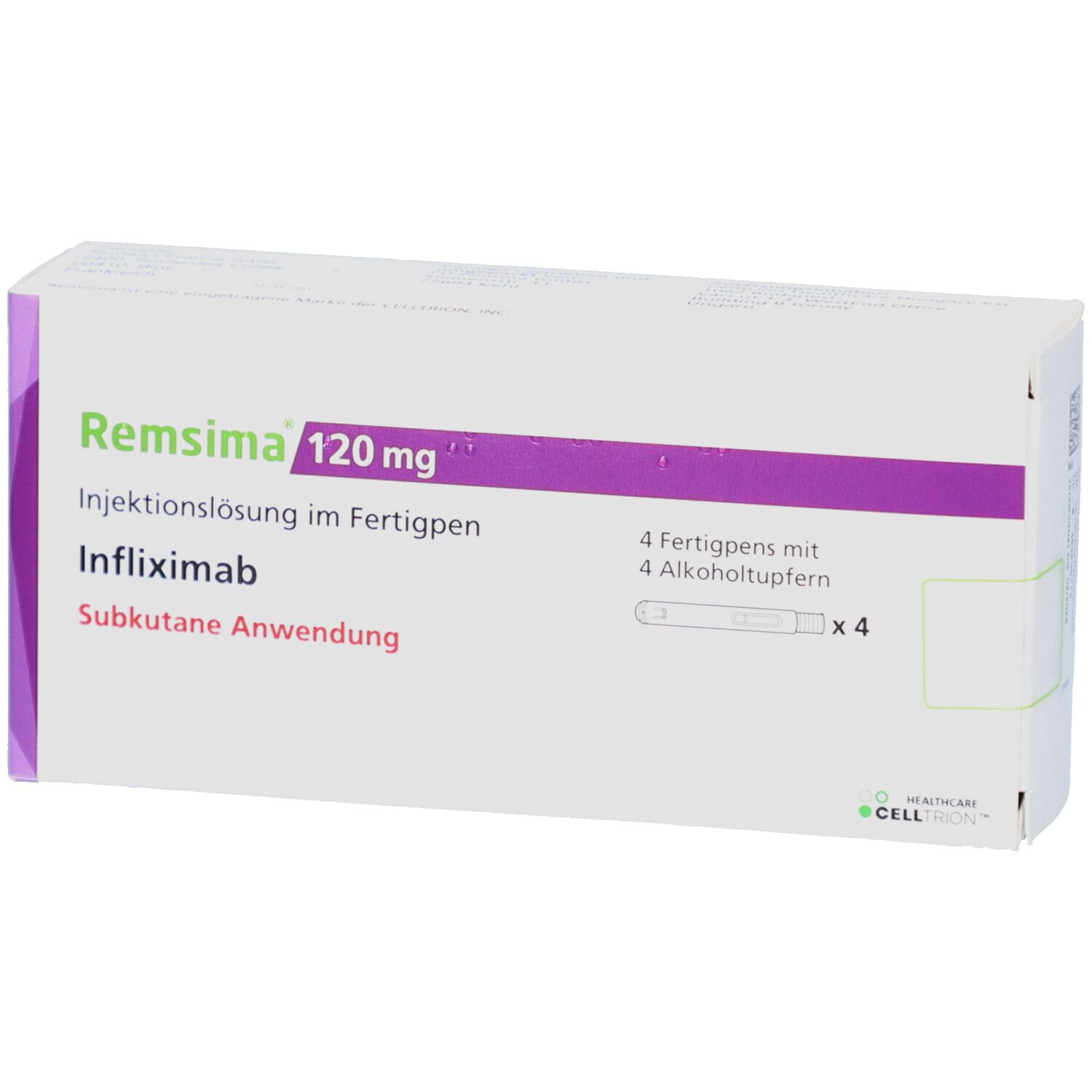Karton mit REMSIMA 120 mg Injektionslösung im Fertigpen. Enthält 4 Fertigpens und Alkoholtupfer. Lila und weiße Verpackung.