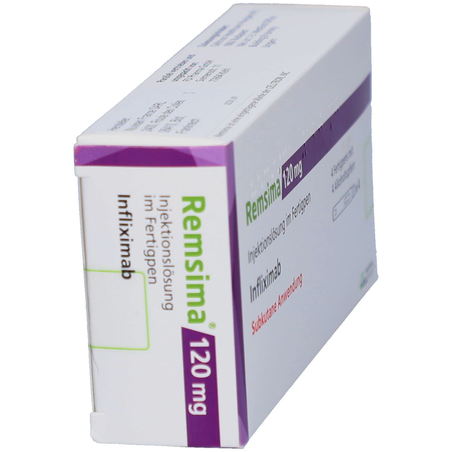 Schrägansicht der REMSIMA 120 mg Verpackung. Weiß mit lila Akzenten. Produktname und Dosierung deutlich sichtbar.