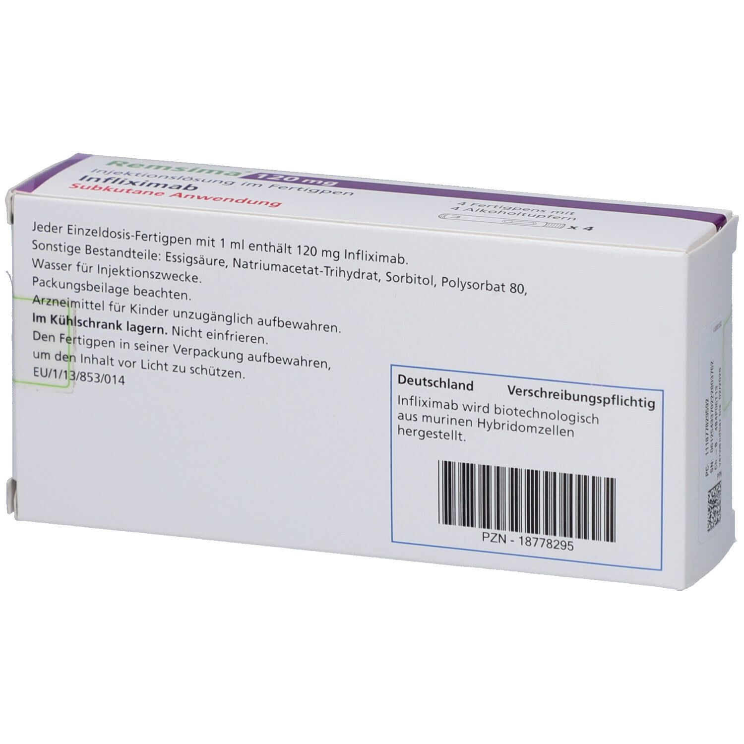 Rückseite der REMSIMA 120 mg Verpackung. Textinformationen, Barcode und PZN-Nummer. Weißer Karton.