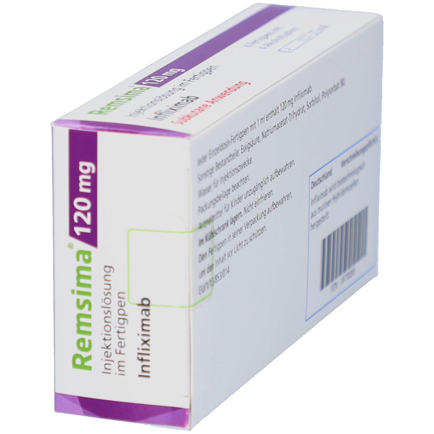 Schrägansicht der REMSIMA 120 mg Verpackung. Produktname und Dosierung auf weißem Karton mit lila Akzenten.