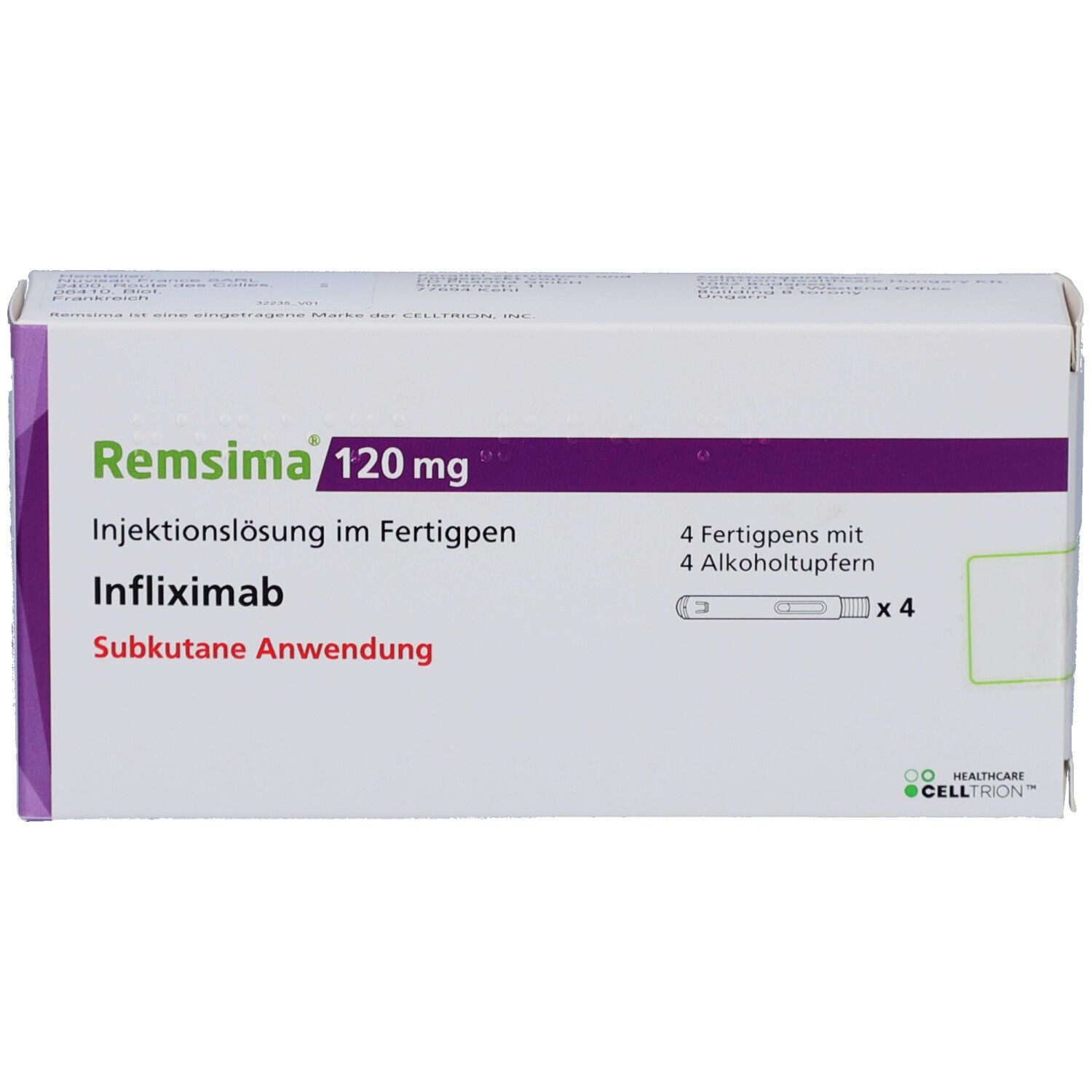 REMSIMA 120 mg Verpackung. Enthält 4 Fertigpens und Alkoholtupfer. Weißer Karton mit lila Akzenten.