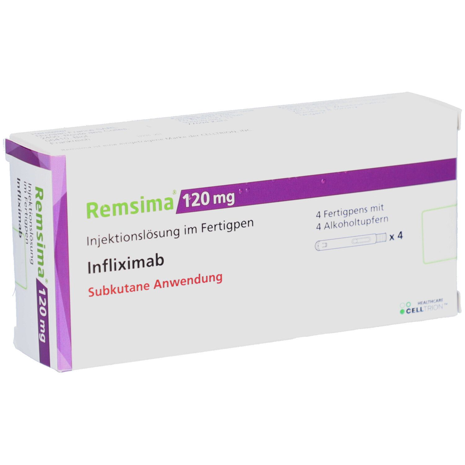 REMSIMA 120 mg Verpackung. Enthält 4 Fertigpens und Alkoholtupfer. Weißer Karton mit lila Akzenten.