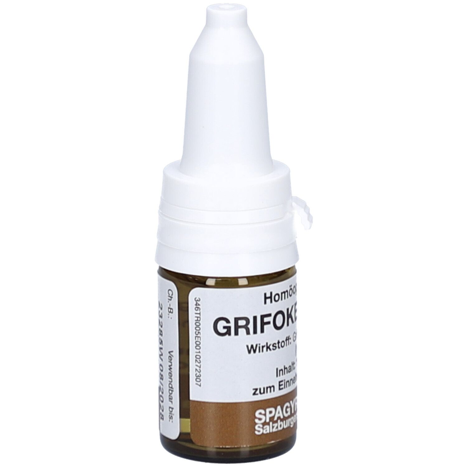 Braune Glasflasche mit weißem Verschluss. Beschriftung: GRIFOKEHL, Wirkstoff, Inhalt, SPAGYRA.
