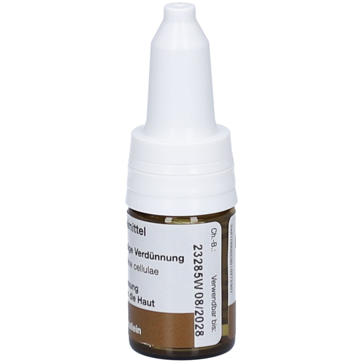 Braune Glasflasche mit weißem Verschluss. Beschriftung: Verdünnung, Verwendbar bis 08/2028.