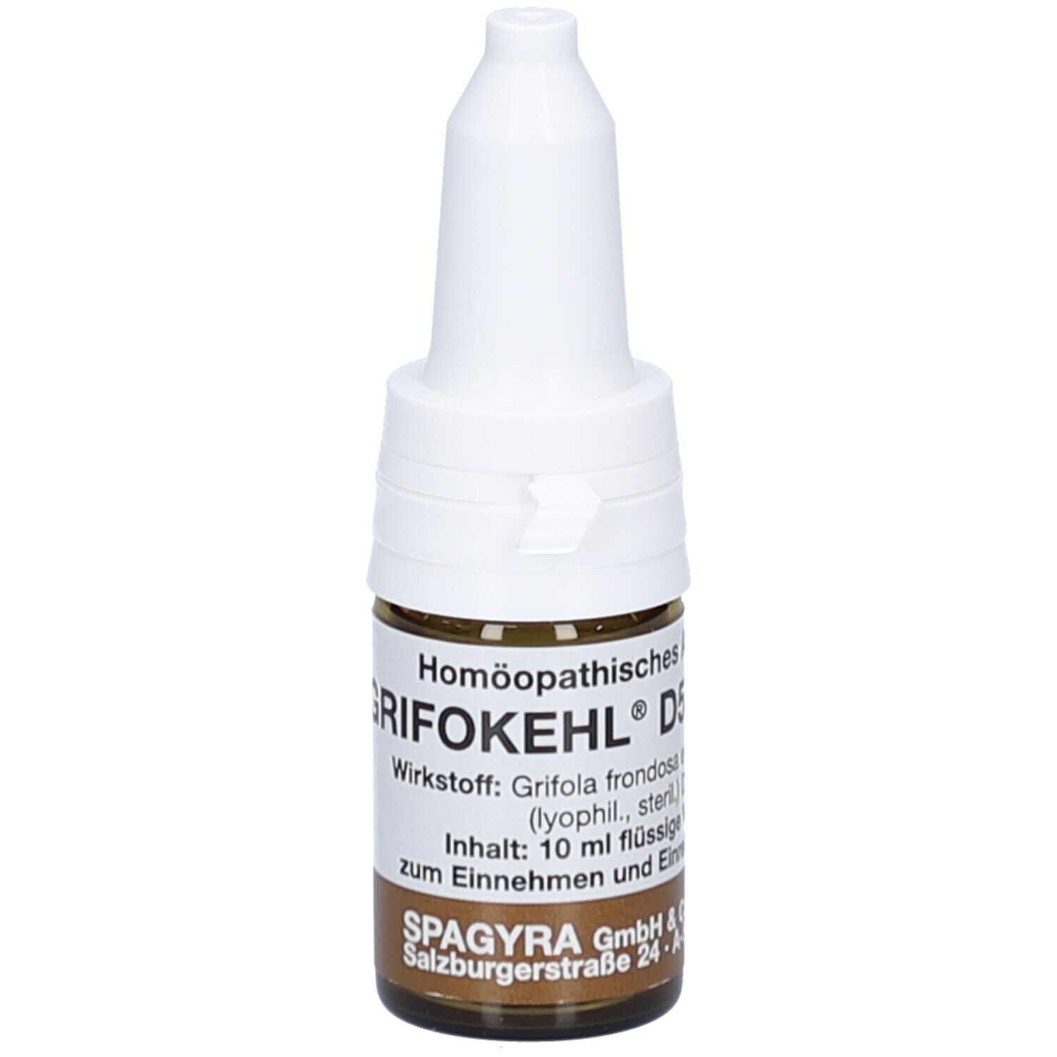 Braune Glasflasche mit weißem Verschluss. Beschriftung: GRIFOKEHL D5, Wirkstoff, Inhalt, SPAGYRA.