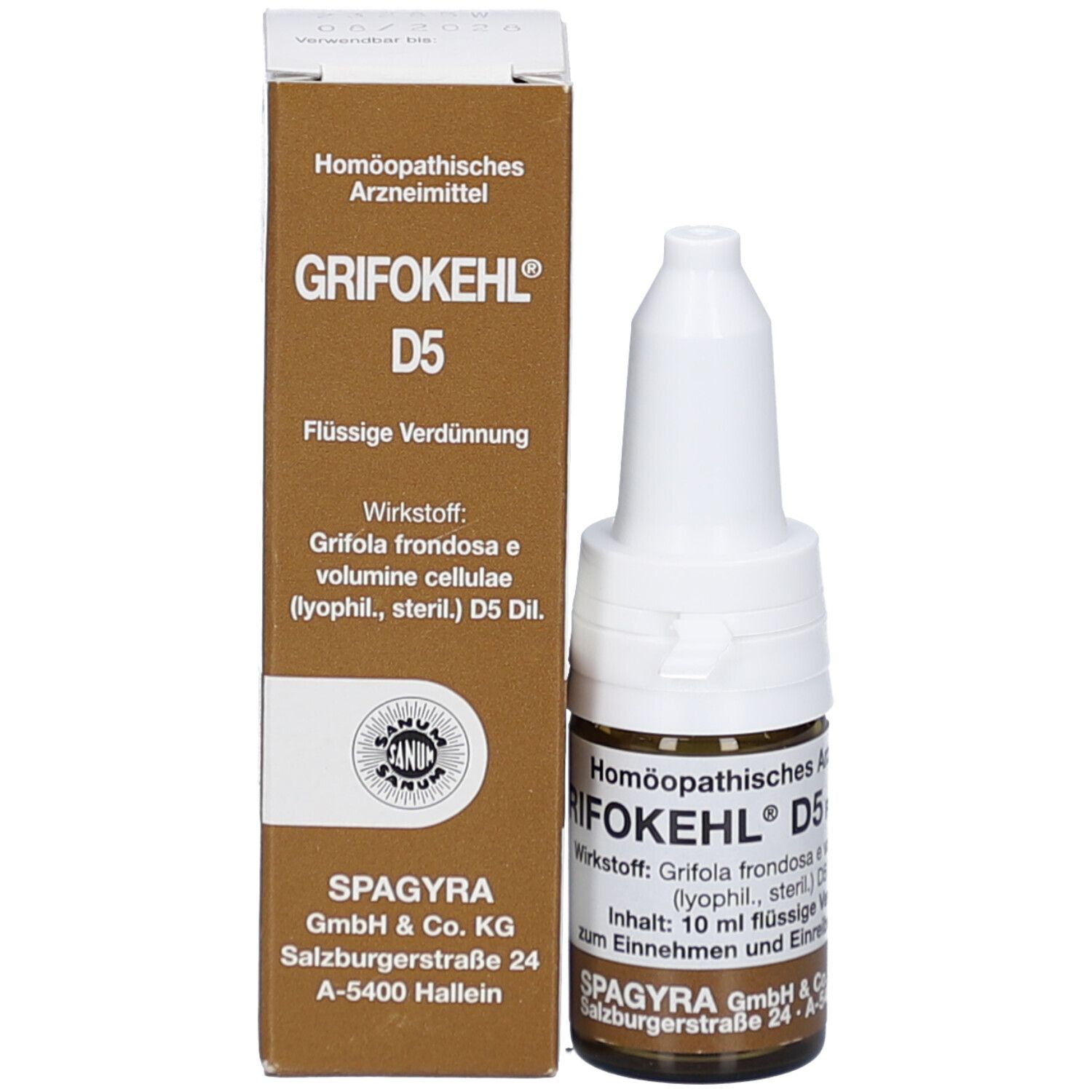 Braune Flasche und Karton. Karton mit Beschriftung: GRIFOKEHL D5, Flüssige Verdünnung, SPAGYRA.