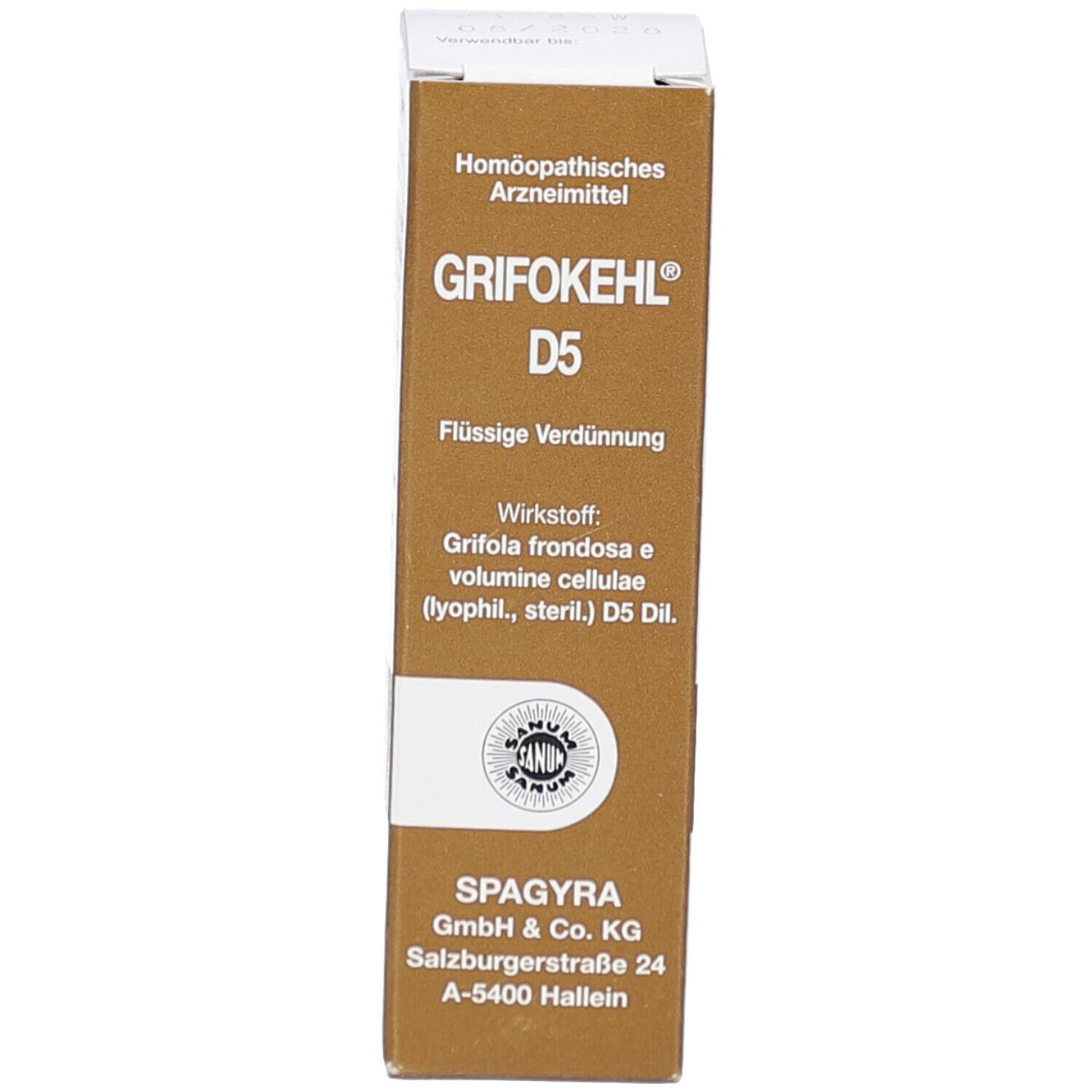 Brauner Karton mit Beschriftung: GRIFOKEHL D5, Flüssige Verdünnung, SPAGYRA.