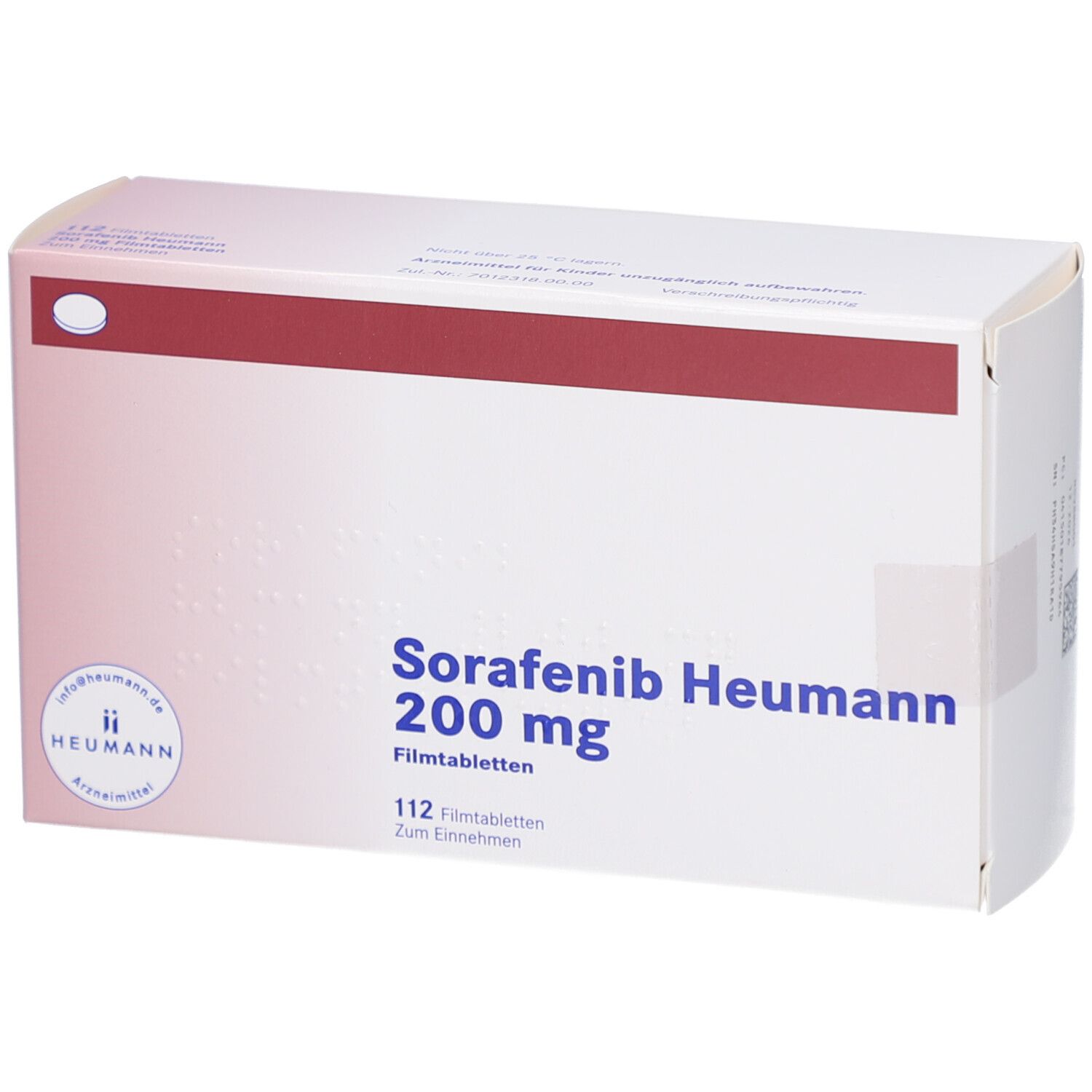 Schachtel mit Aufschrift Sorafenib Heumann 200 mg Filmtabletten. 112 Tabletten. Heumann Logo.