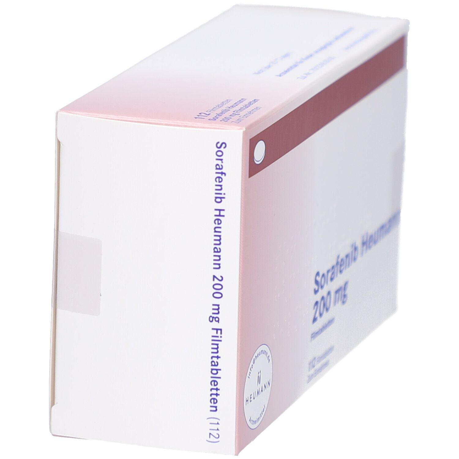 Schachtel Sorafenib Heumann 200 mg Filmtabletten. Seitenansicht. Text: 112 Filmtabletten.