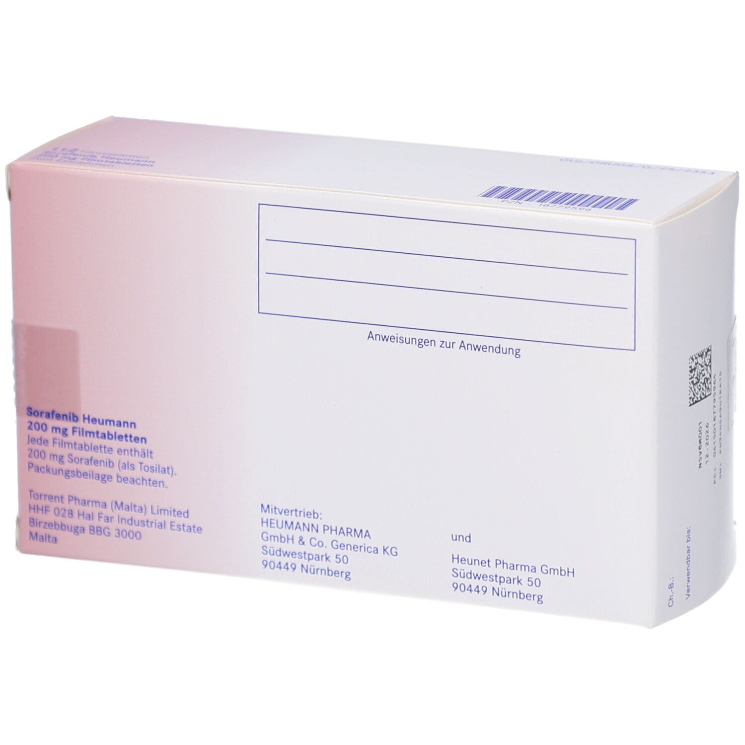 Rückseite der Schachtel Sorafenib Heumann 200 mg Filmtabletten. Text und Logo.
